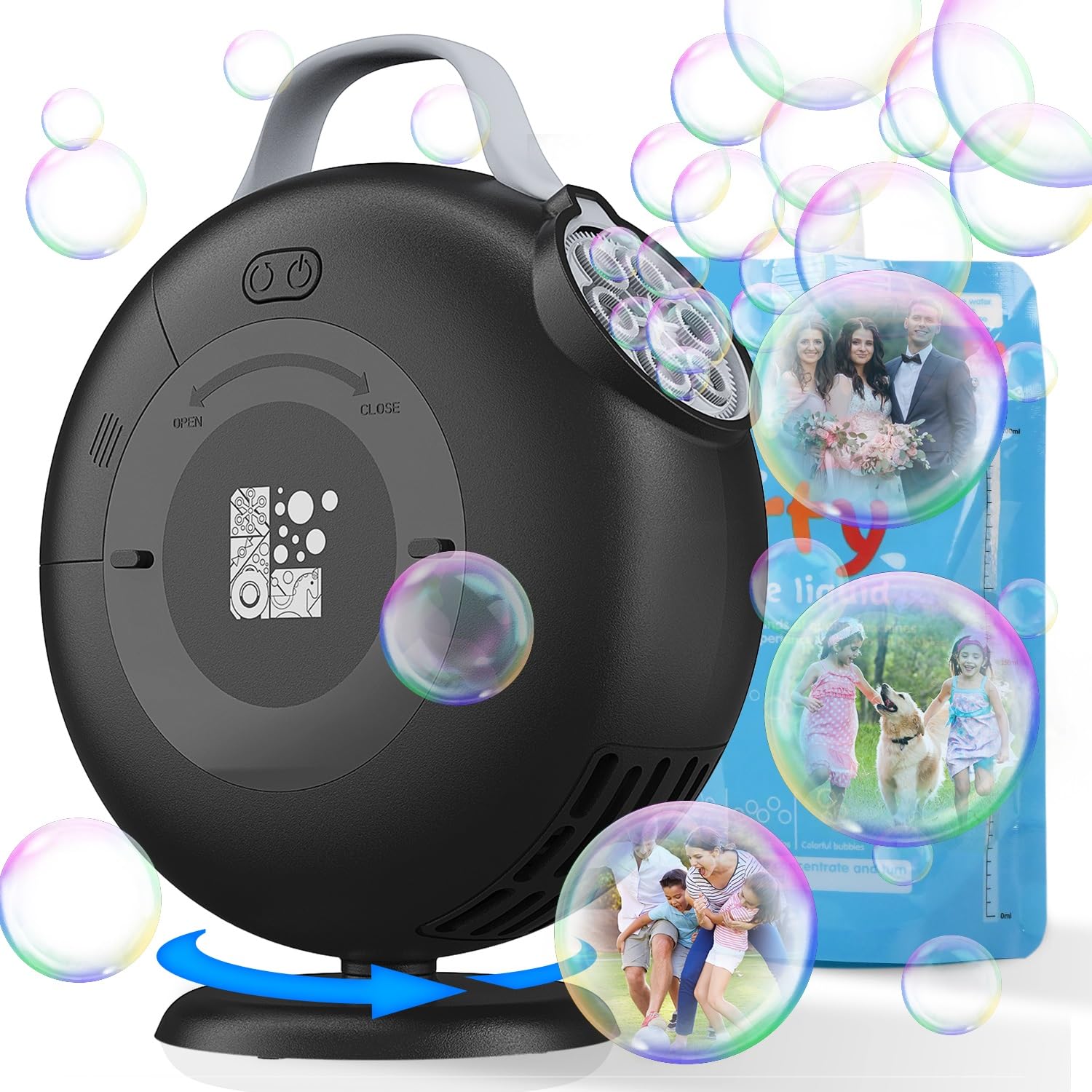 Automatic Bubble Blower Machine for Kids - 8000+ Bubbles Per Minute, 90°-200° Adjustable Oscillation, Electric Plug-in or Battery Powered Bubble Maker Toy for Outdoor Birthday Parties, Garden Play & Summer Fun - Black