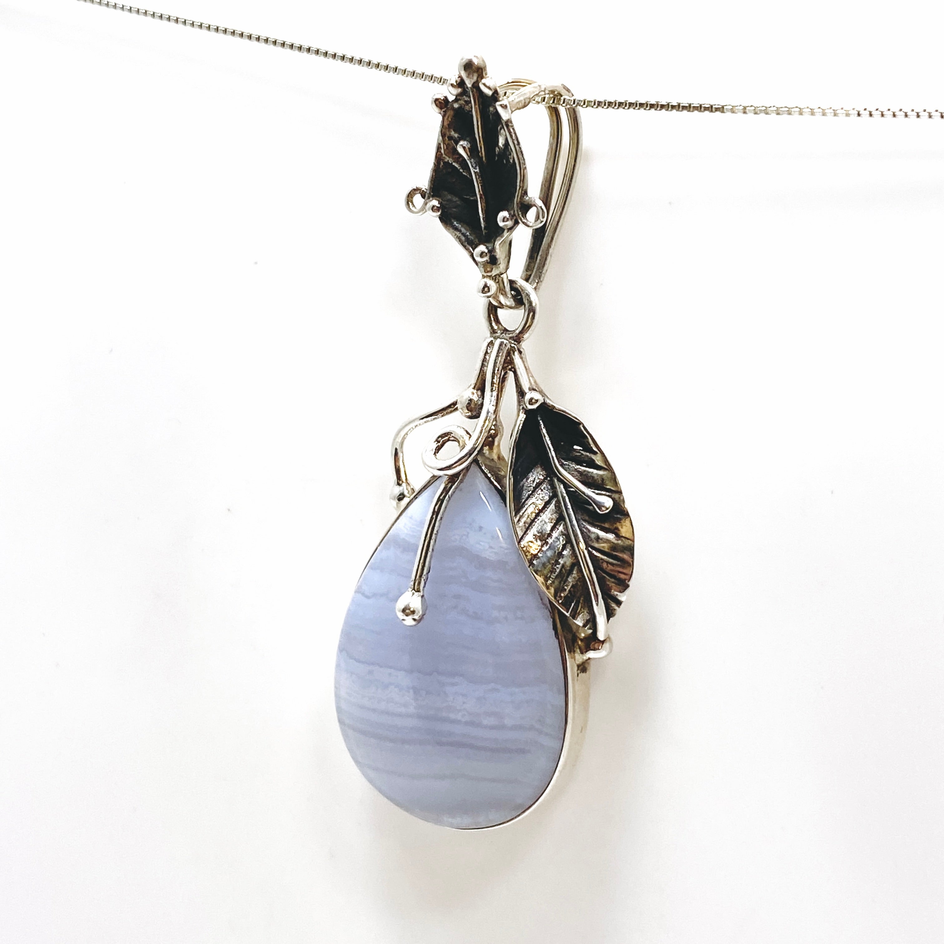 Blue Lace Agate Teardrop Cabochon Pendant Necklace - Natural Stone Jewelry with Botanical Setting PPGJ989 - Perfect for Boho Style, Meditation & Spiritual Healing