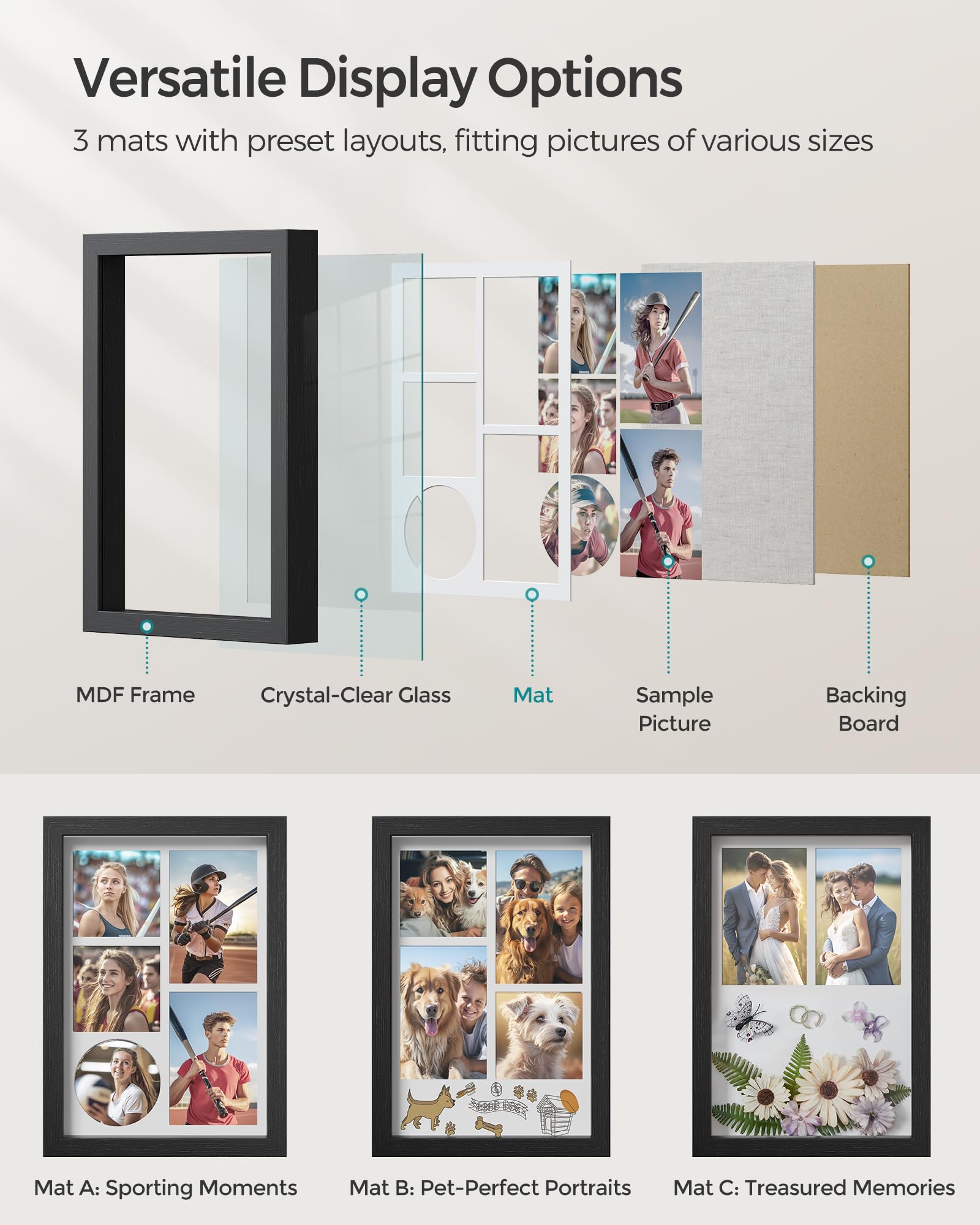 SONGMICS 1.3-Inch Deep Shadow Box Frame - Wooden Memory Display Case for Wall & Desk Decor with 4 Push Pins, 3 Mats & 2 Non-Trace Nails - Perfect for Photos, Memorabilia & Gifts (Ash Black) - Ideal for Home, Office & Wedding Display