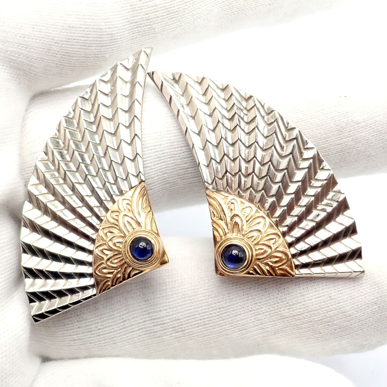 Exquisite Erte CFA 14k Yellow Gold & Silver Nile Large Fan Sapphire Earrings - Vintage Luxury Jewelry for Women - Perfect for Evening Gala, Wedding & Special Occasions