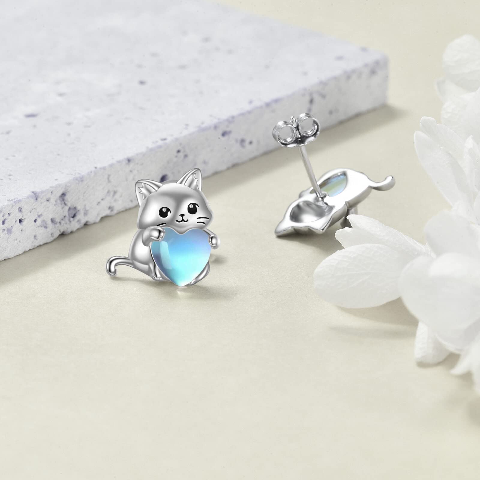 YFN Sterling Silver Cat Moonstone Stud Earrings for Women & Girls | Elegant Animal Jewelry for Everyday Wear & Special Occasions