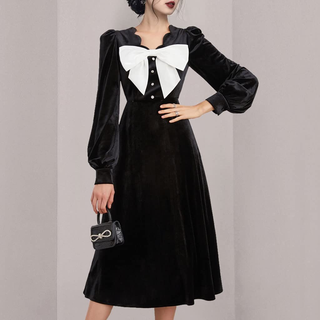 Vintage White Bow Velvet Dress for Women - Long Sleeve Black Winter Dress (Size M) | Elegant Holiday Party & Christmas Dinner Outfit