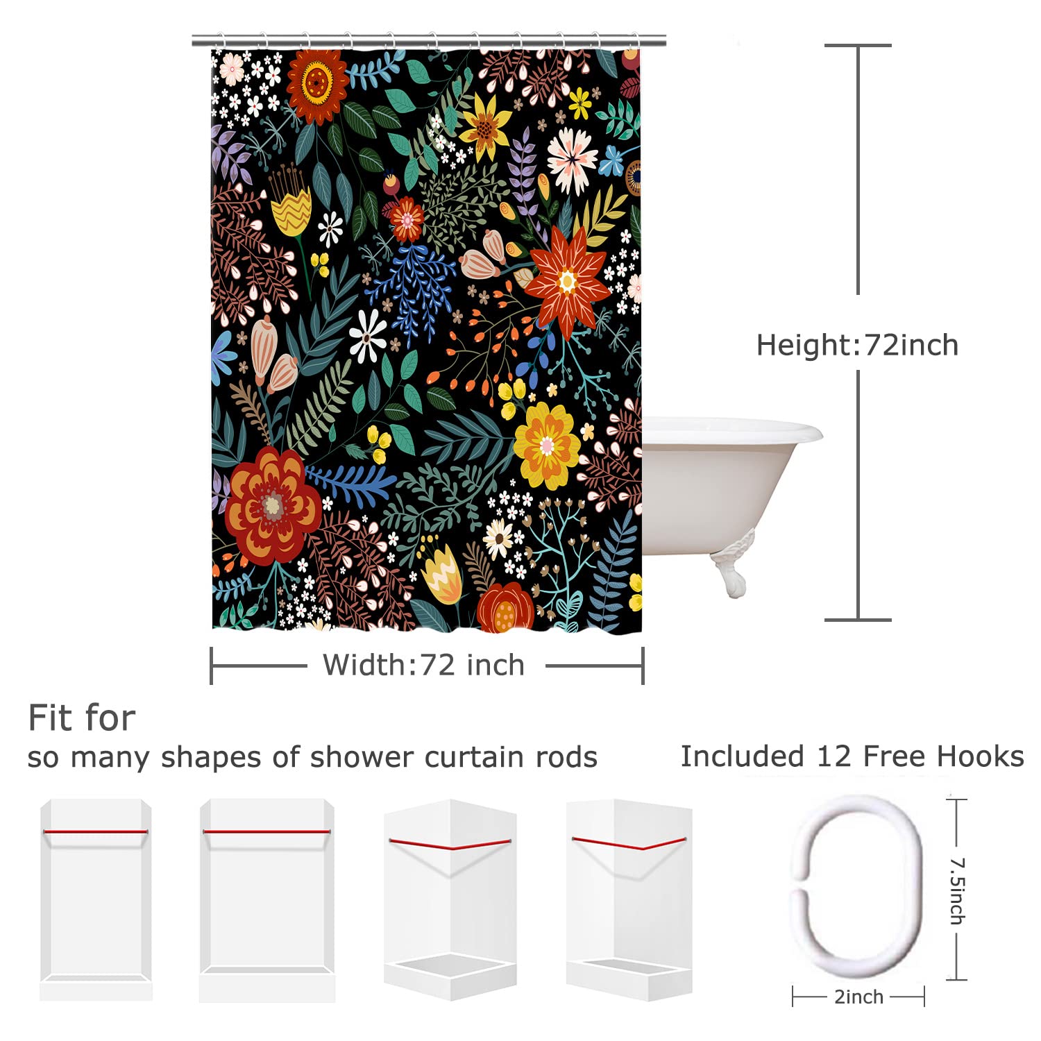 LIVILAN Black Floral Shower Curtain - Waterproof Bathroom Decor with 12 Hooks, 72x72 Inches - Boho Chic Flower Design for Modern Bathrooms, Perfect for Home Spa & Relaxation