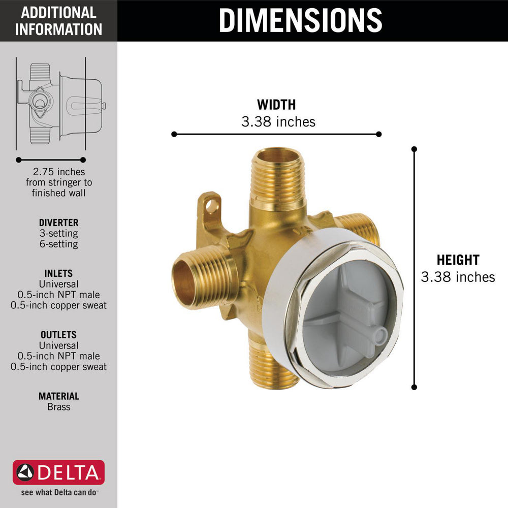 Delta R11000 3/6 Setting Diverter Rough In Valve - Perfect for Bathroom Shower Faucet Installation and Plumbing Upgrades