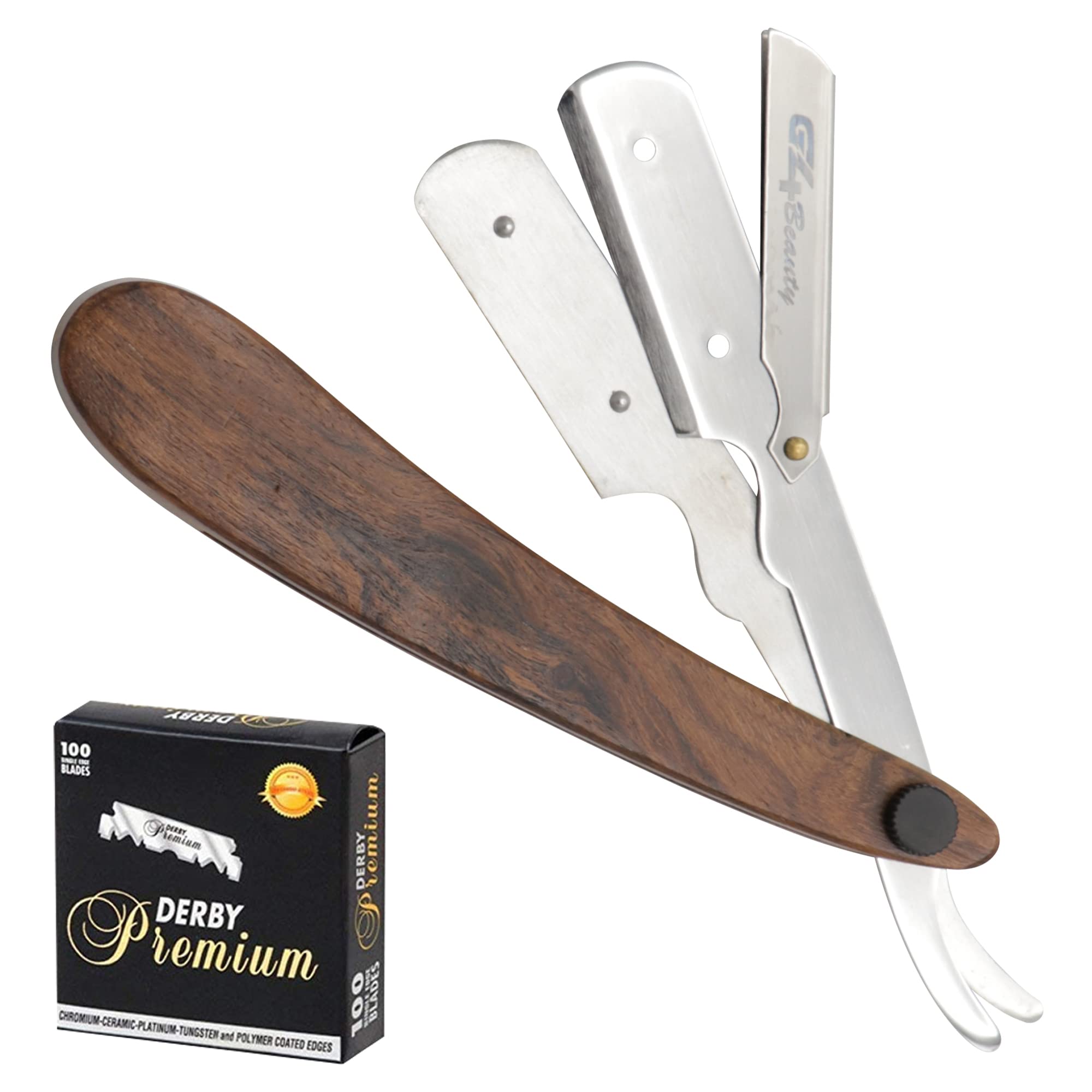 G4 Vision Professional Straight Edge Razor - Genuine Wood Handle & Stainless Steel Folding Design - 100 Free Blades Included - Perfect for Barber Shaving, Beard Trimming & Personal Grooming