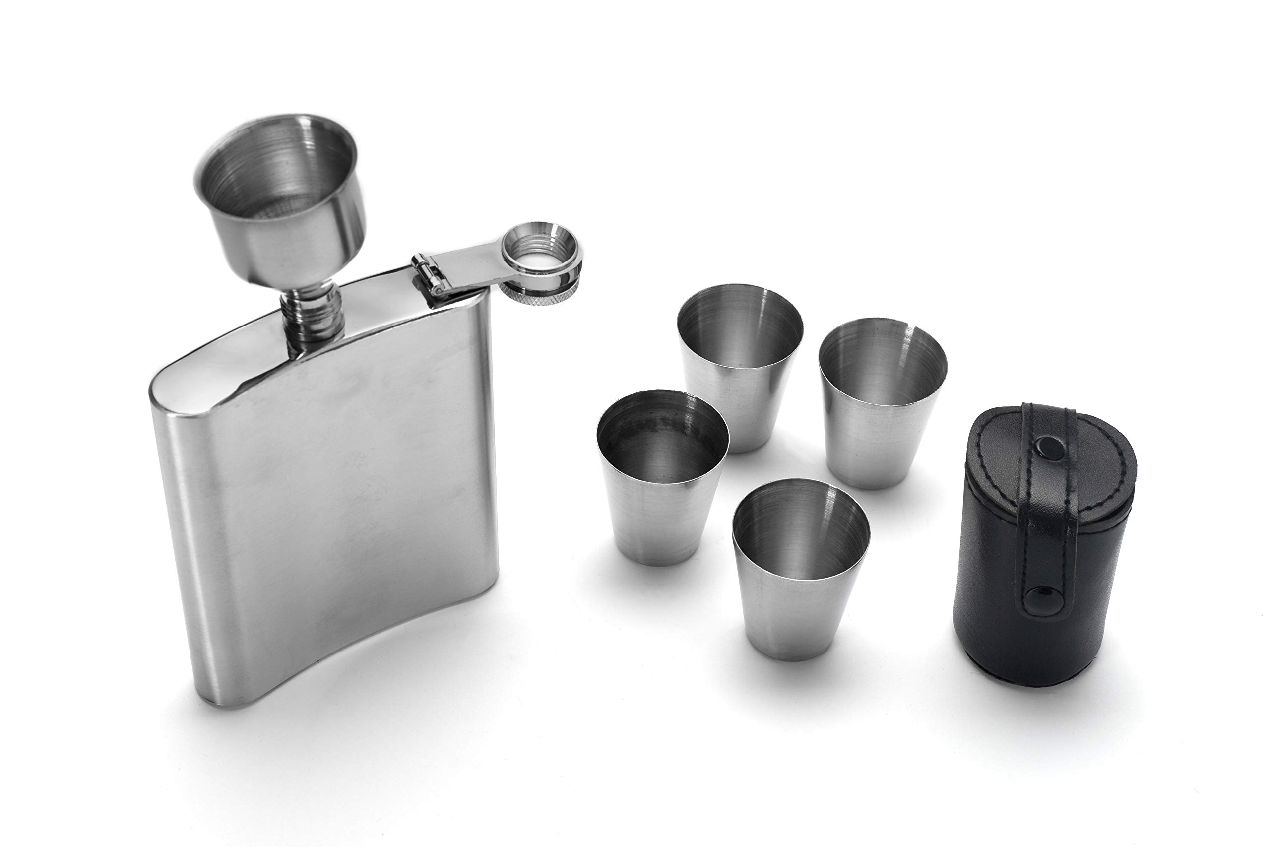 Premium Stainless Steel 7 oz Liquor Hip Flask Set with Funnel, 4 Shot Glasses & Leather Pouch - Perfect for Outdoor Adventures, Camping, Parties & Gifts