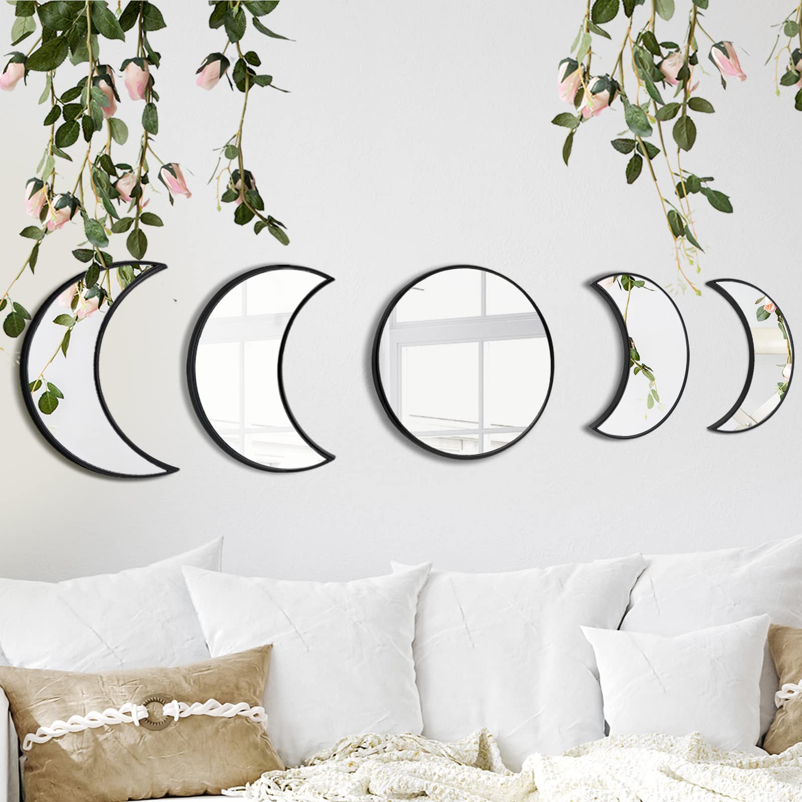 YUBAIHUI Moon Phase Mirror Set - 5pcs Boho Moon Wall Decor for Home, Bohemian Bedroom & Living Room Decor - Acrylic Mirror Wall Art (Not Real Glass) - Perfect for Meditation Spaces, Yoga Rooms & Spiritual Decor