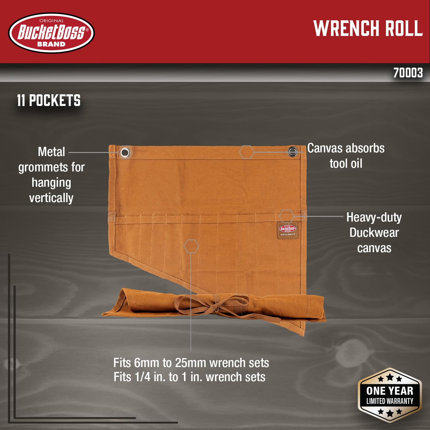 BucketBoss 70003 11-Pocket Brown Tool Roll Organizer - Perfect for Mechanics, Electricians & DIY Home Improvement Projects