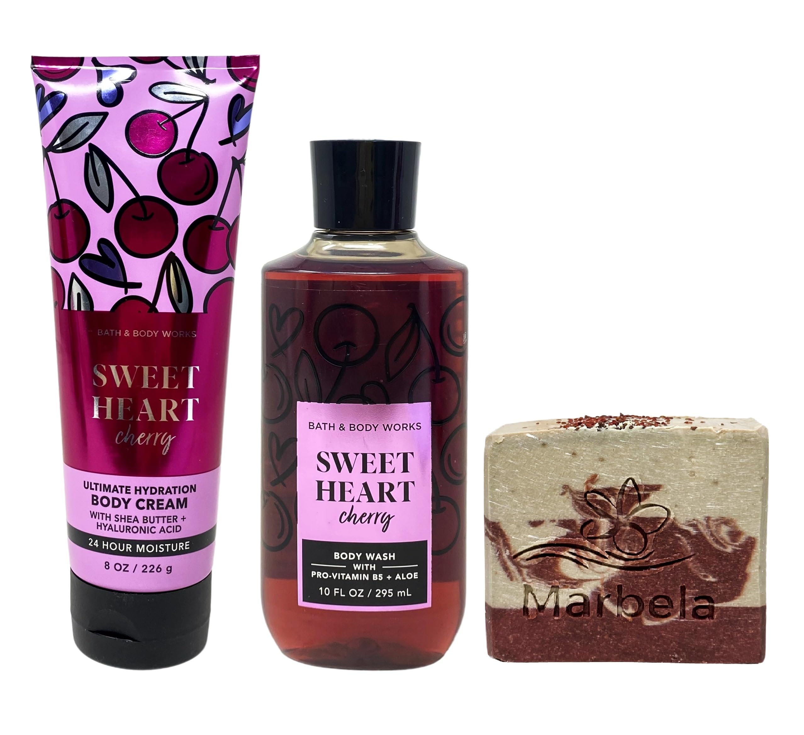 Sweet Heart Cherry Body Cream & Body Wash Gift Set with Cherry On Top Bar Soap - Bath & Body Works Full Size Moisturizing Skincare Bundle for Valentine's Day & Self-Care Gifts