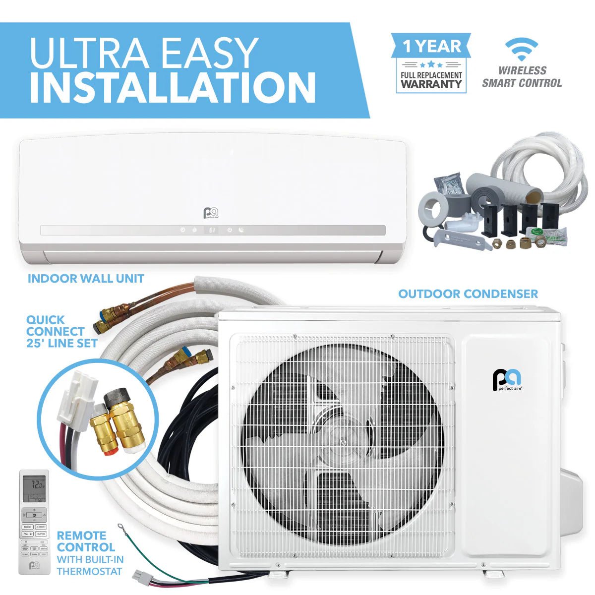 Perfect Aire DIY 12,000 BTU 22 SEER Quick Connect Ductless Mini Split Heat Pump with WiFi 115V - Ideal for Home Office, Bedroom & Small Space Cooling & Heating