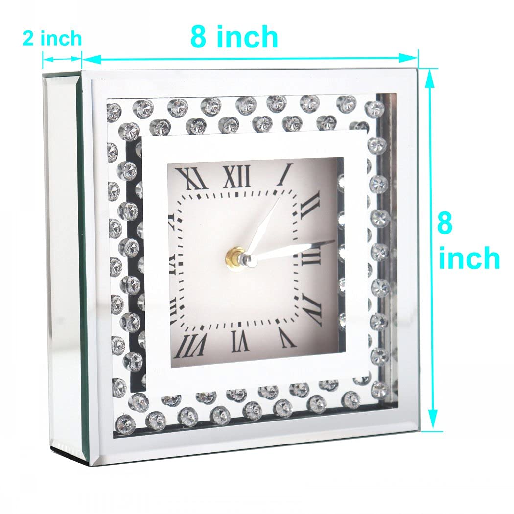 Crystal Sparkle Silent Desk Clock - 8x8x2 Inch Square Mirrored Table Top Decorative Clock with Diamond Accents for Home & Office Decor | Perfect for Bedroom, Living Room, or Gift Giving