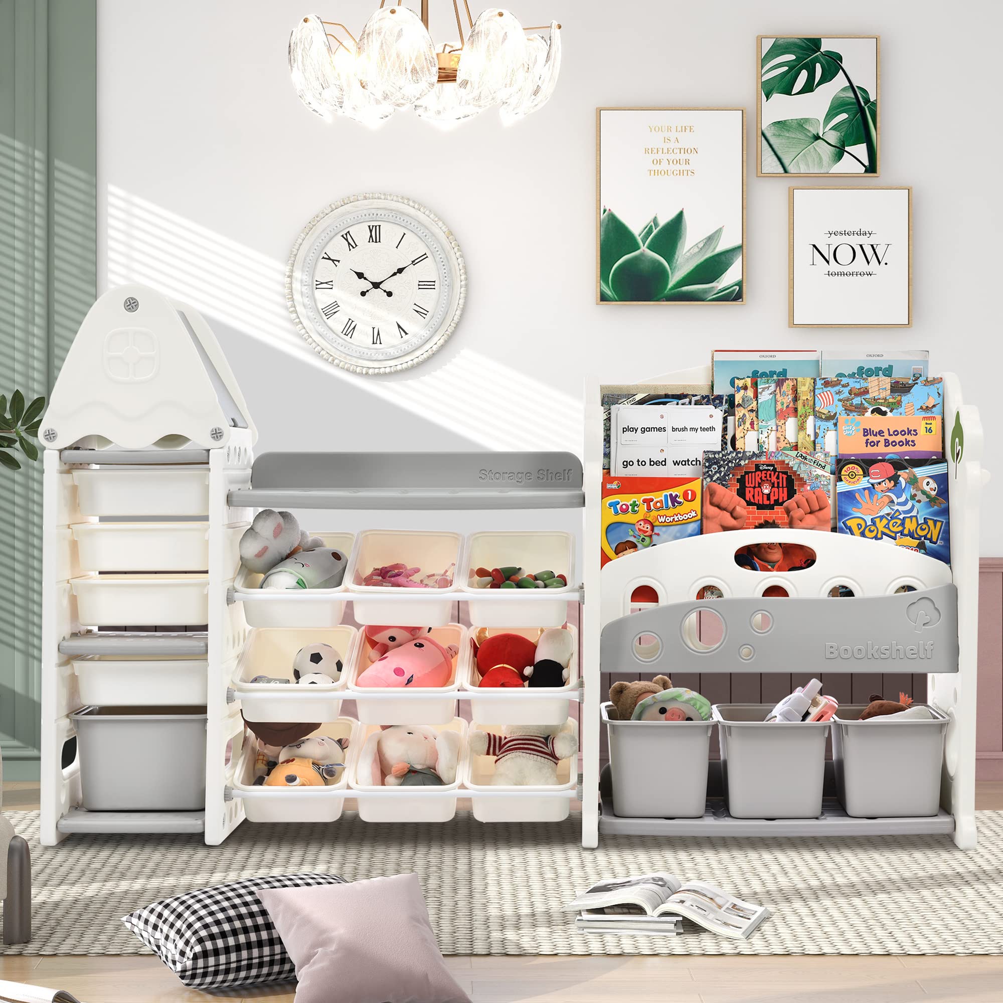 **17-Bin Toy Storage Organizer & 4-Tier Kids Bookshelf - All-in-One Gray Toy Box Chest for Kids Room, Classroom, Nursery - Perfect for Organizing Toys, Books, and Learning Supplies**
