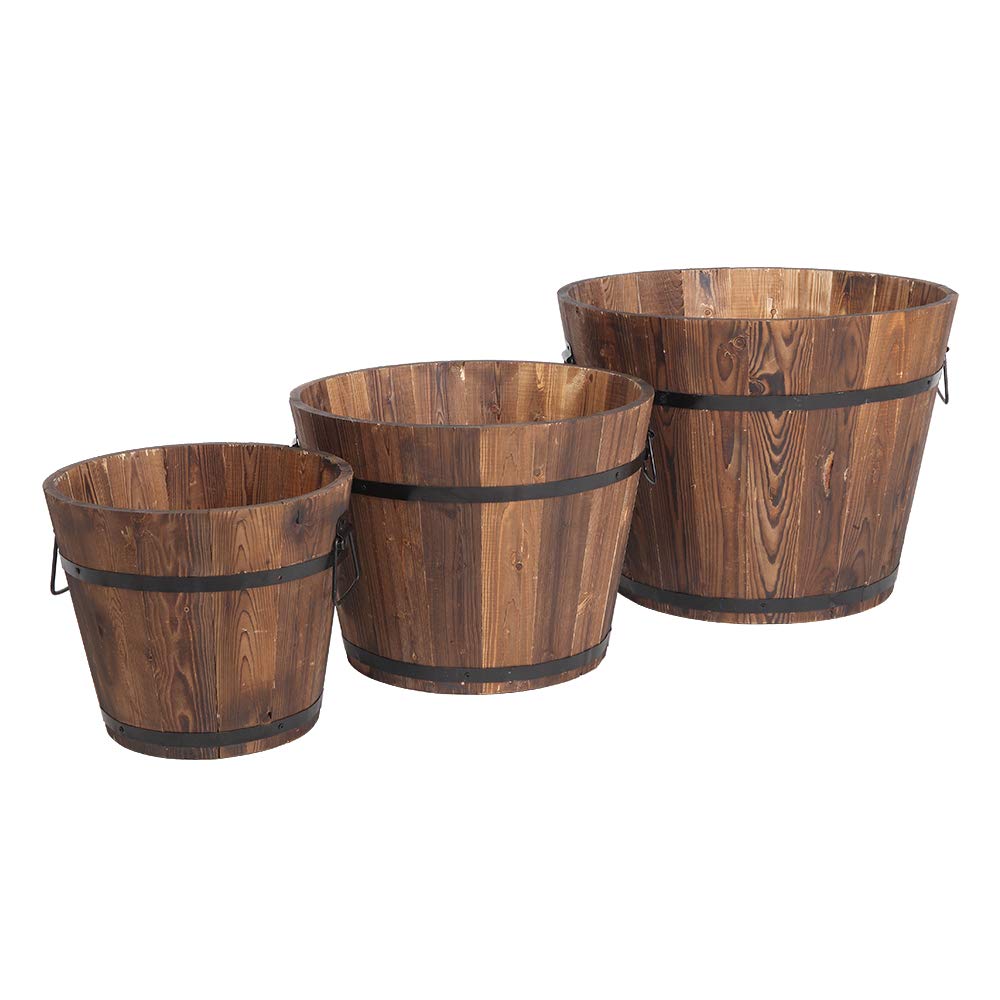 3 Pcs Wooden Planter Barrel Set with Handle & Drainage Holes - Rustic Whiskey Barrel Flower Pots for Plants, Herbs, Vegetables - Indoor & Outdoor Garden Decor for Patio, Balcony, Backyard