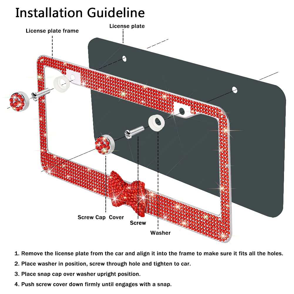 OTOSTAR Bling Rhinestone License Plate Frame with Ribbon Bow - Premium Stainless Steel 2 Hole Holder with Anti-Theft Screws (Red/Red Bowtie) - Perfect for Car Decoration & Gift Giving