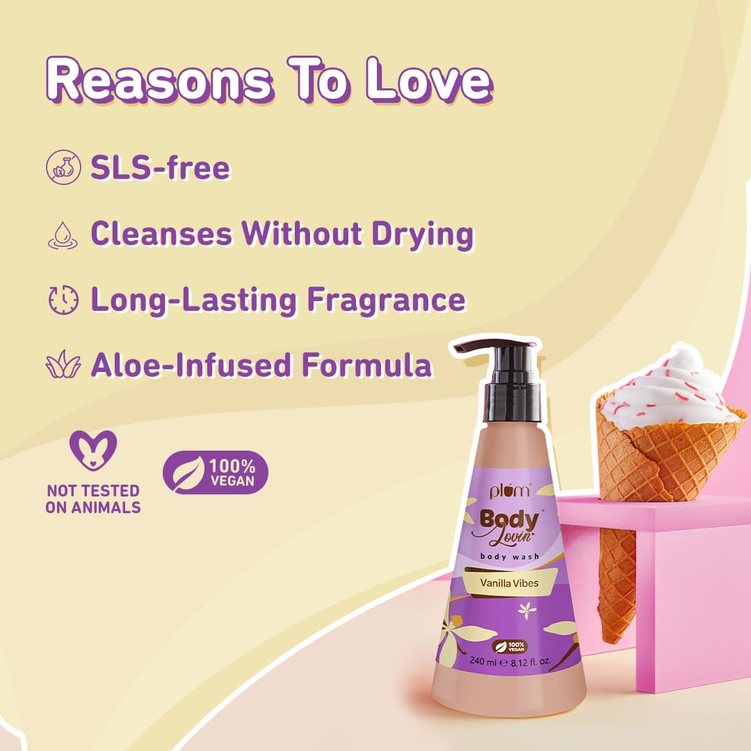 Plum Bodylovin' Vanilla Vibes Body Wash - SLS-Free Creamy Shower Gel for Women with Long-Lasting Fragrance | Aloe-Infused Nourishing Cleanser for Soft, Smooth Skin | Perfect for Daily Shower & Relaxing Bath - 8.1 fl oz (240ml)
