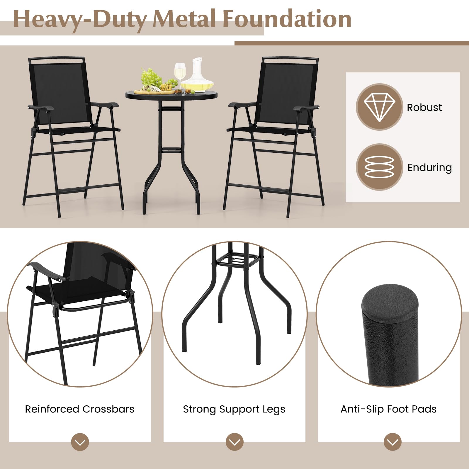 COSTWAY 3-Piece Outdoor Bistro Set with DPC Tabletop & Umbrella Hole - Round Patio Table & 2 Folding Bar Stools - Perfect for Poolside, Deck, Porch, Garden or Backyard Dining - Black