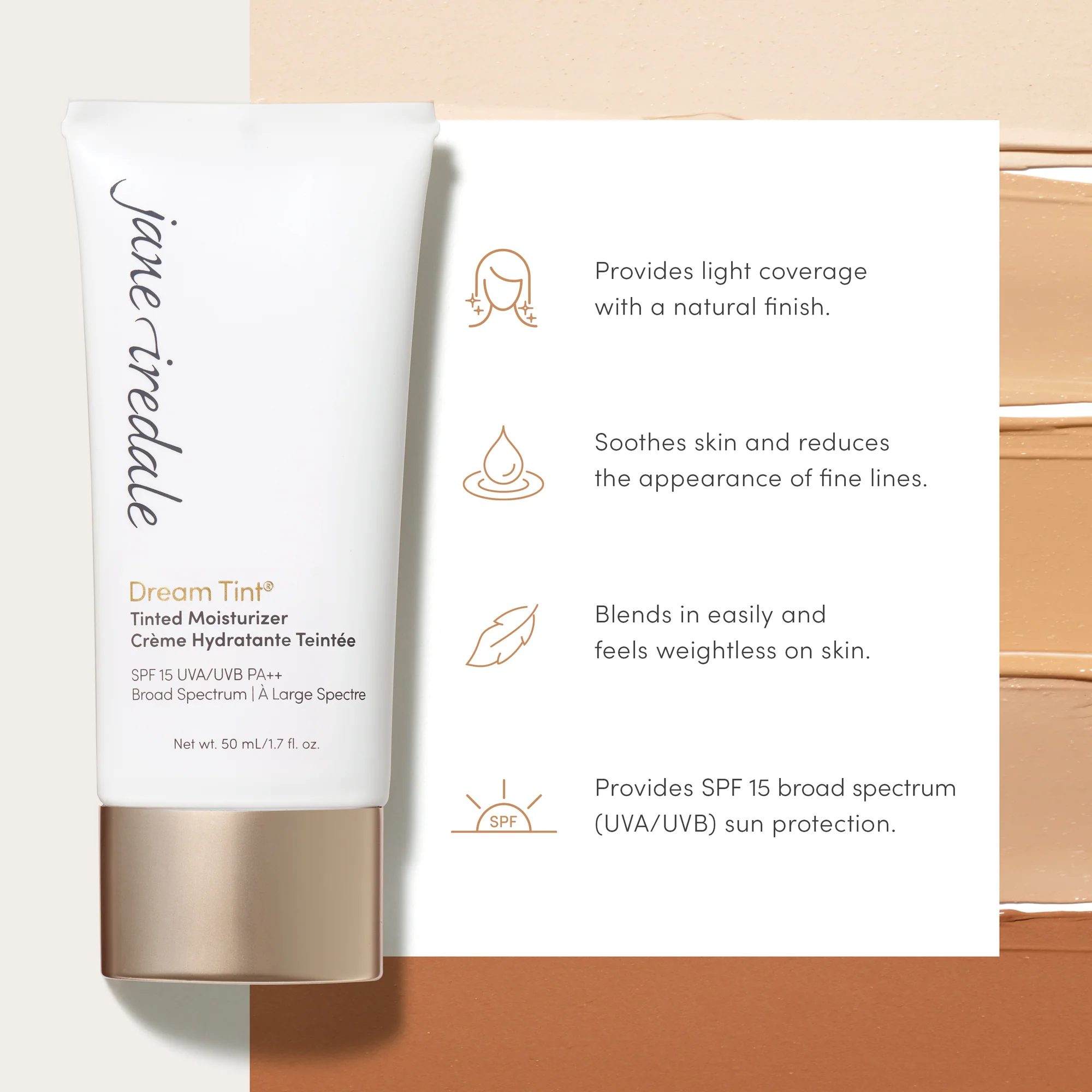 Jane Iredale Dream Tint Tinted Moisturizer SPF 15 - Hydrating Foundation & Sun Protection for Daily Wear | Perfect for Work, Gym & Outdoor Activities