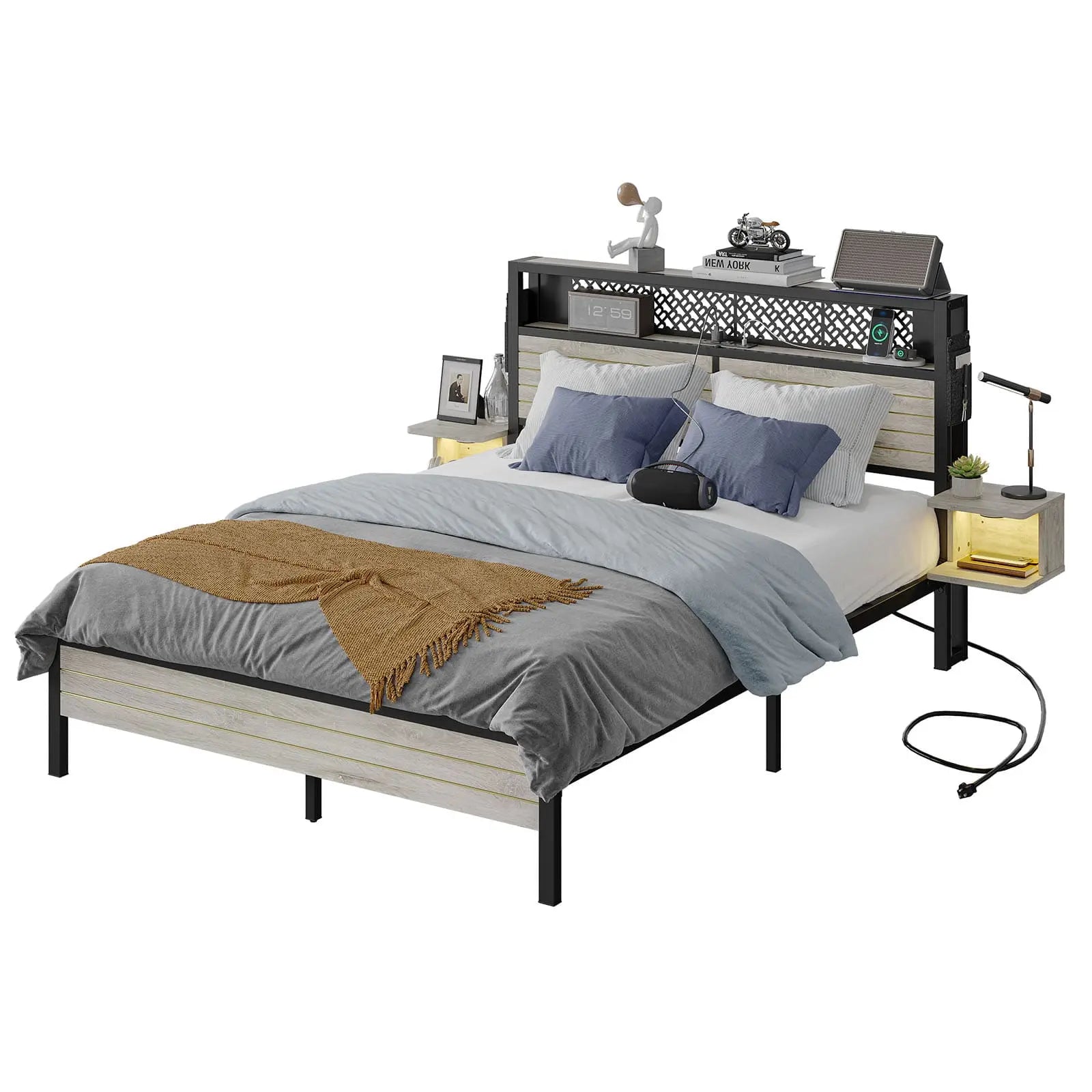 Bestier Queen Bed Frame with Horizontal Golden Stripe Storage Headboard - Modern Platform Bed with Underbed Storage - Perfect for Small Bedrooms, Guest Rooms & Apartments
