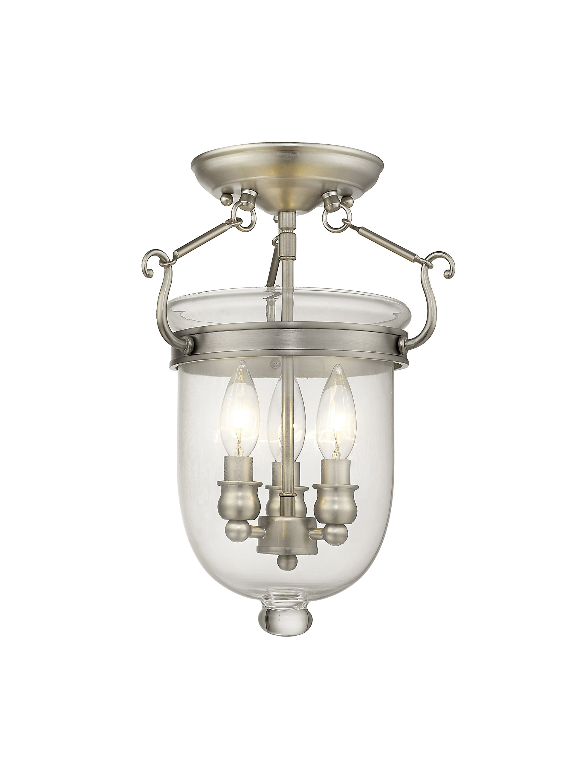 Livex Lighting Jefferson 3-Light Brushed Nickel Semi-Flush Mount Bell Jar Ceiling Fixture with Clear Glass Shades - Perfect for Dining Room, Bedroom, or Entryway Lighting