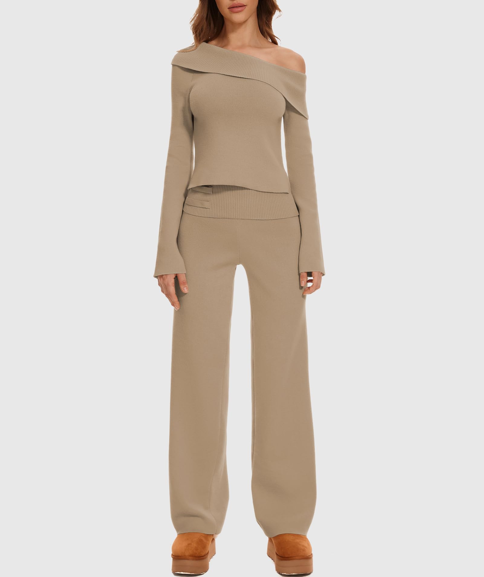 Women's 2-Piece Lounge Set - Off Shoulder Cropped Sweater & Wide Leg Pants Knit Outfit | Y2K Casual Wear for Home, Travel & Street Style