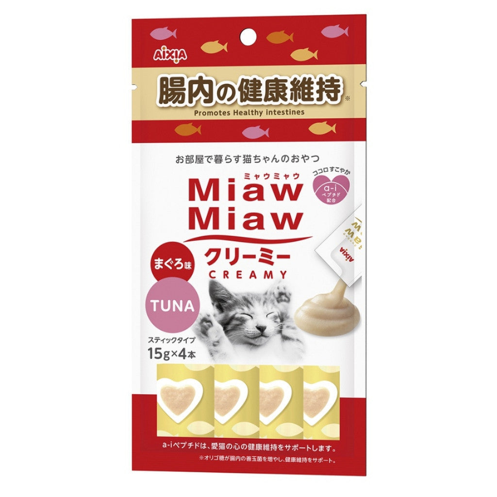 Aixia Miaw Miaw Creamy Purée Cat Treats 15g x4 Pack - Healthy & Delicious Creamy Cat Snacks for Adult & Senior Cats - Perfect for Training, Rewards or Bonding Time with Your Feline Friend