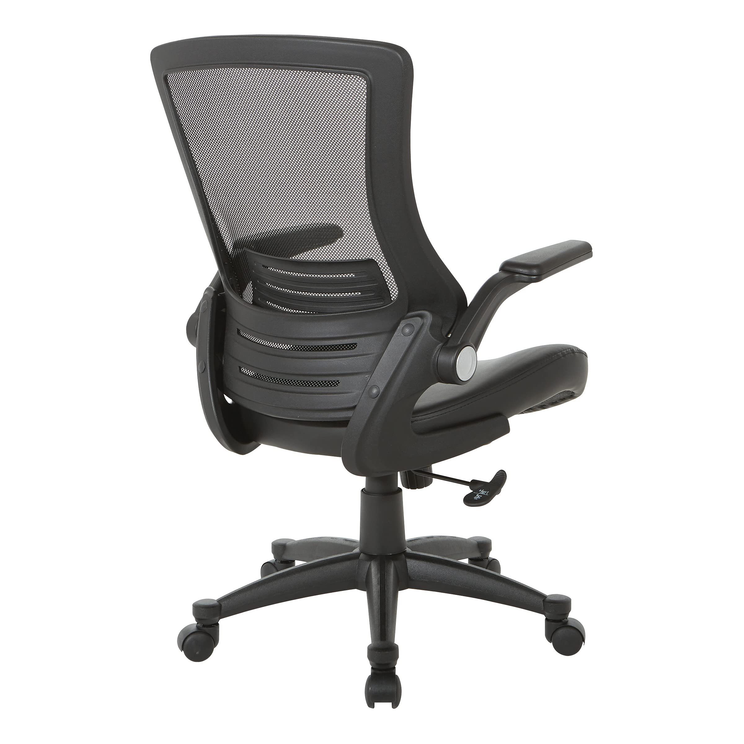Office Star Ventilated Black Mesh Back Fully Adjustable Ergonomic Office Chair with Padded Flip-Up Arms and Swivel Nylon Base - Black Faux Leather Executive Chair for Home Office & Workspace