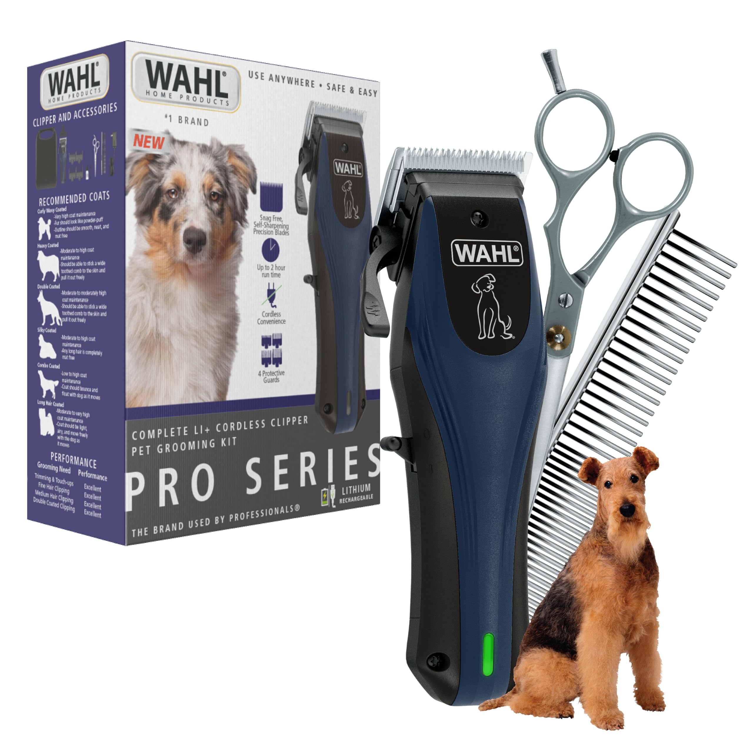 Wahl Power Pro Lithium Ion Rechargeable Cordless Dog Grooming Kit - Heavy Duty Professional Dog Clippers for Thick & Long Coats - Model 3024675 - Perfect for Home Pet Grooming & Professional Use