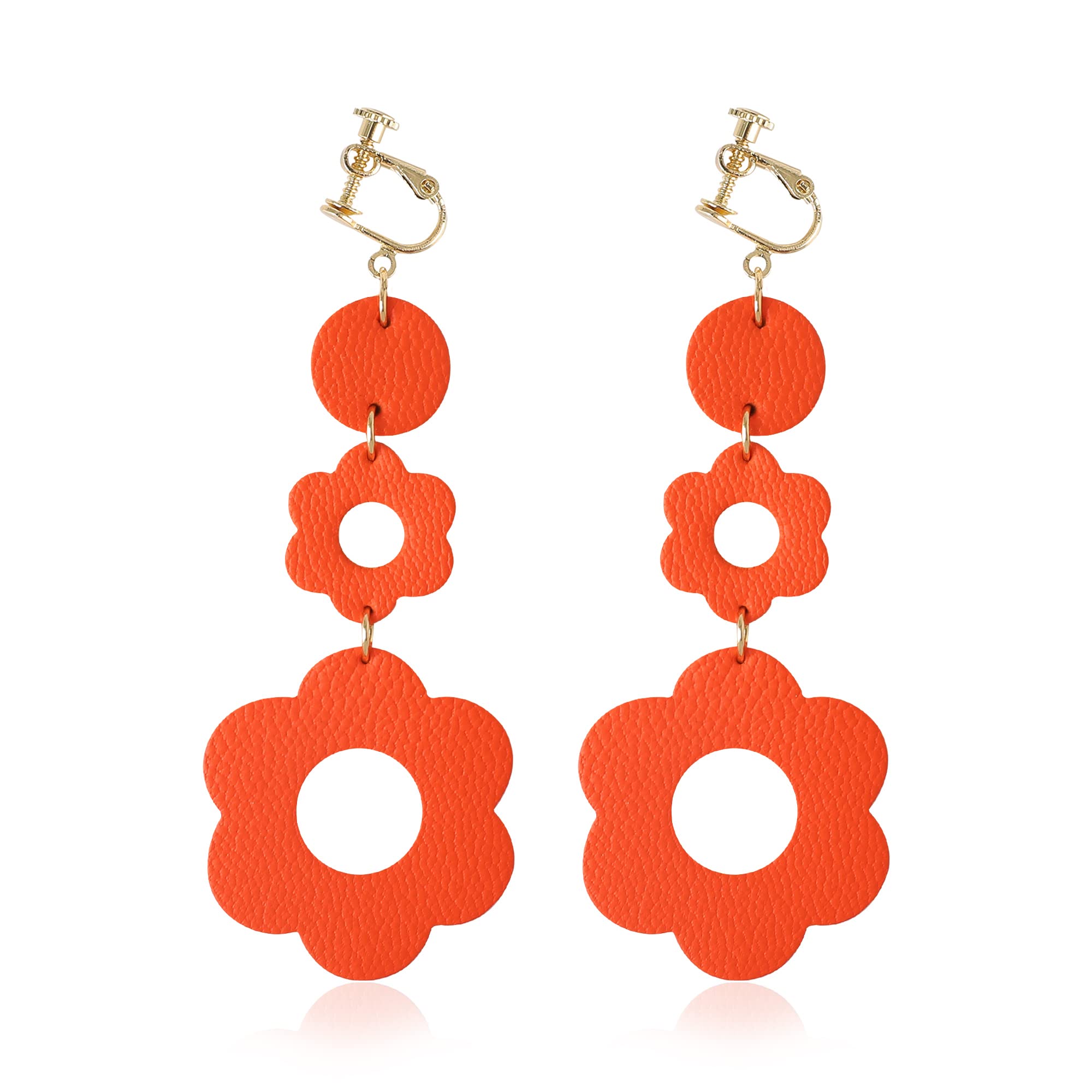 GELVTIC Large Clip-On Dangle Earrings for Women & Girls - Lightweight Genuine Leather Retro Hoop Earrings - Cartilage Ear Clips for Everyday Wear, Parties & Christmas Gifts