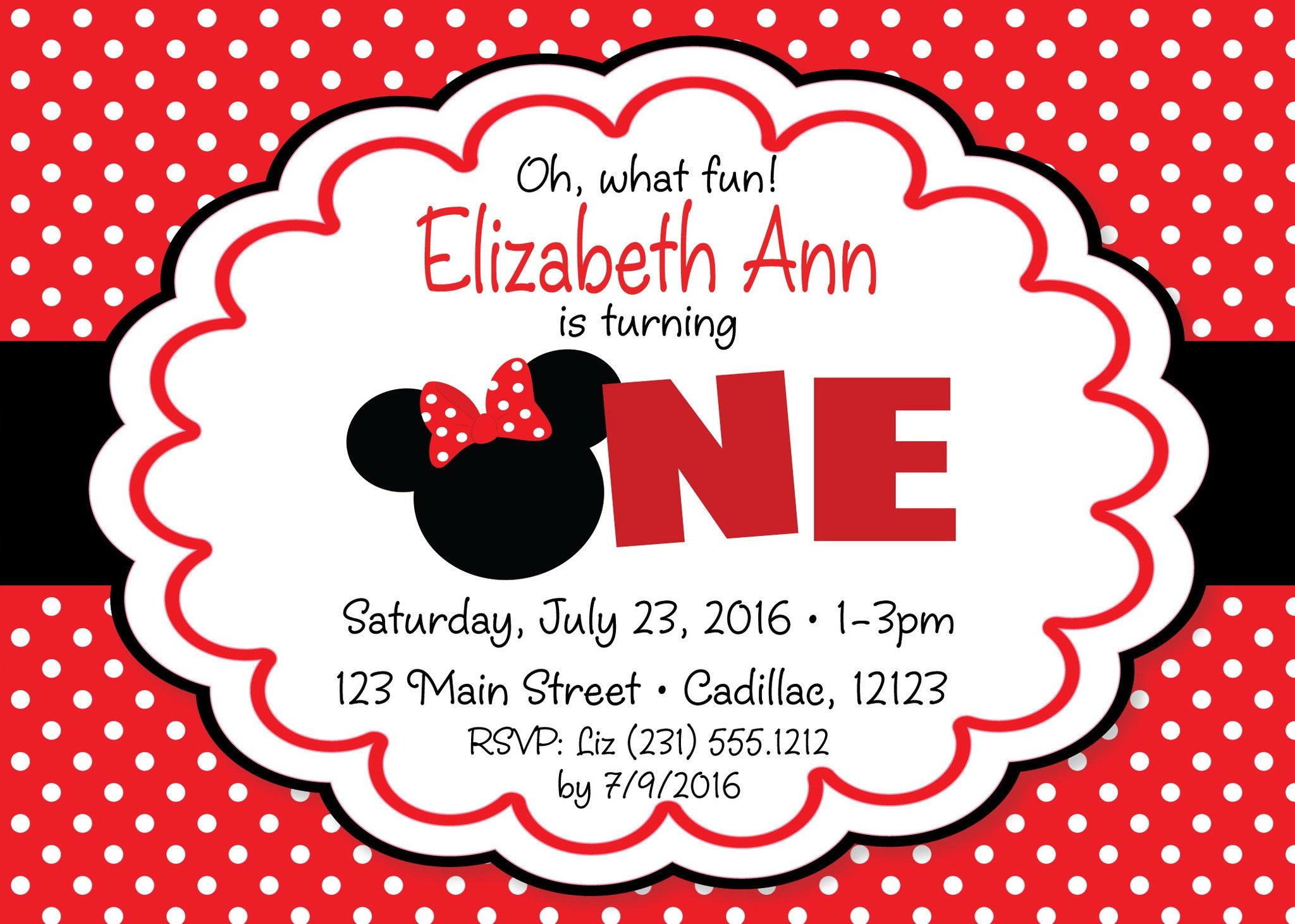 Minnie Mouse 1st Birthday Party Invitations - Red & Pink Disney Theme for Girls - Perfect for Baby's First Birthday Celebration