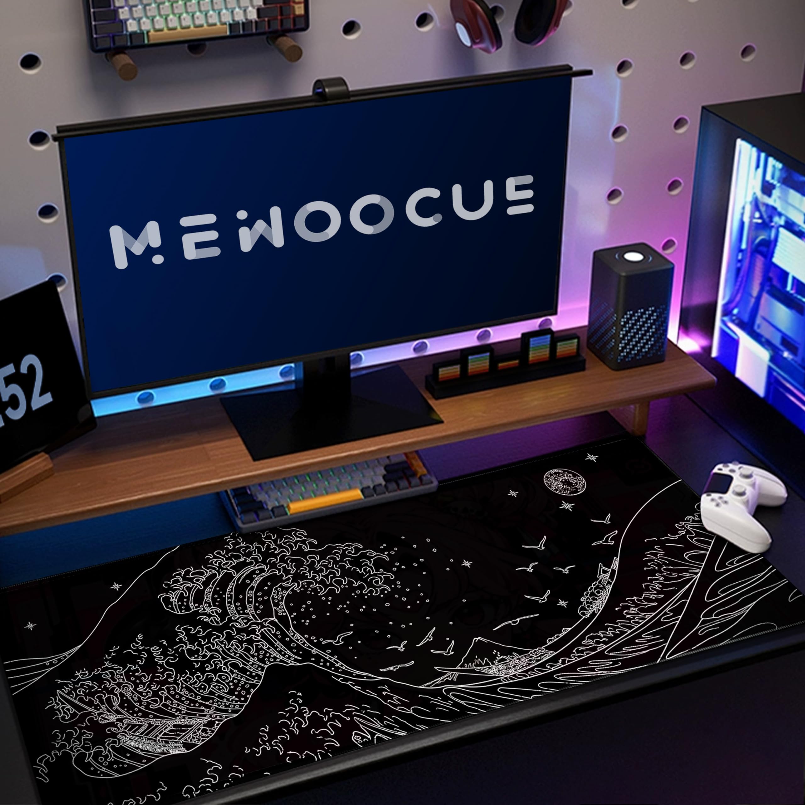 MEWOOCUE® Extra Large Gaming Mouse Pad - 31.5 x 11.9 Inch Black Japanese Wave Design, Non-Slip Waterproof Keyboard & Mouse Mat for PC, Laptop, Office & Home Use - Perfect for Gamers & Anime Fans