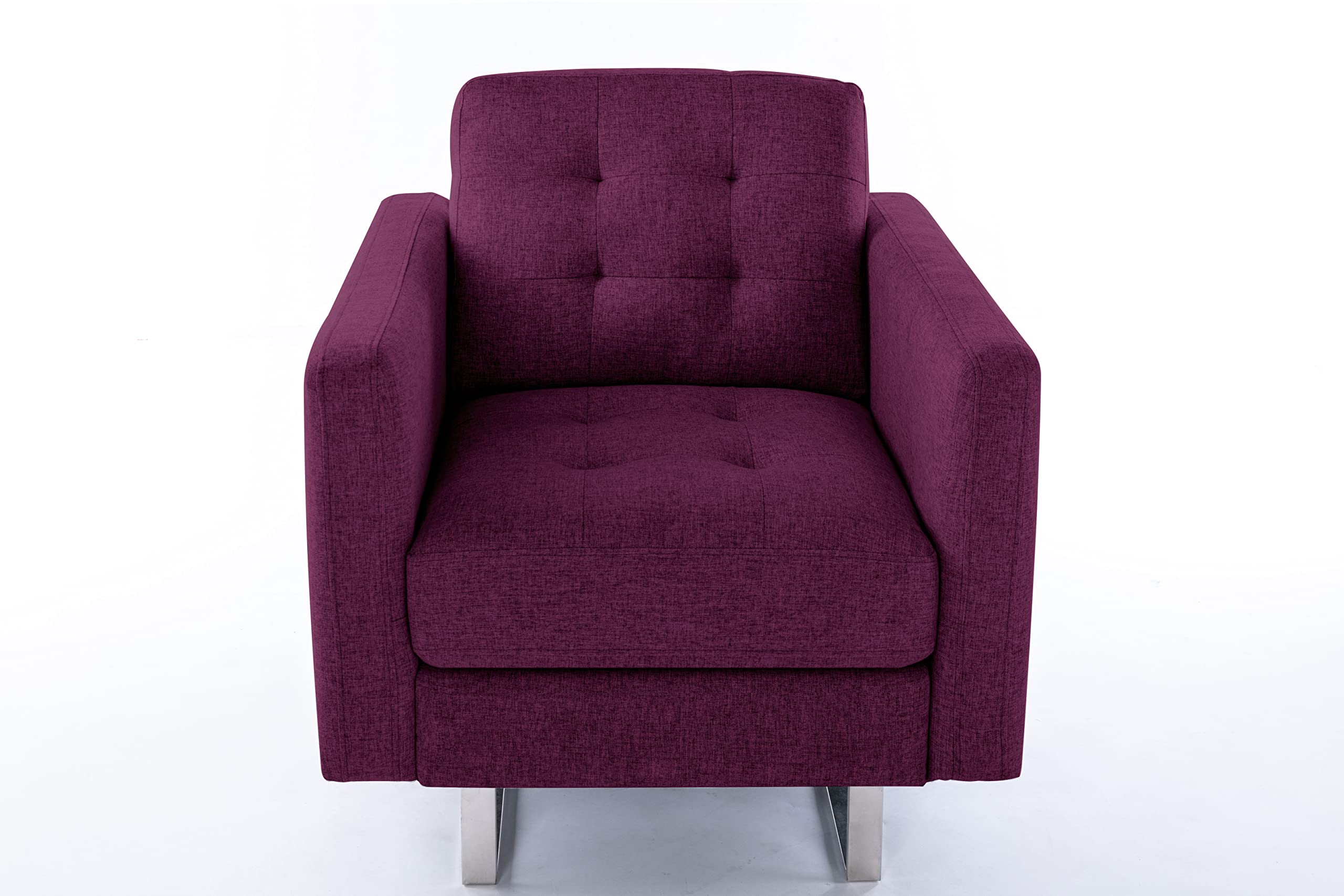 Lilola Home Victoria Purple Linen Fabric Armchair with Metal Legs, Side Pockets & Pillow - Modern Living Room Accent Chair for Home Office, Lounge & Bedroom Decor