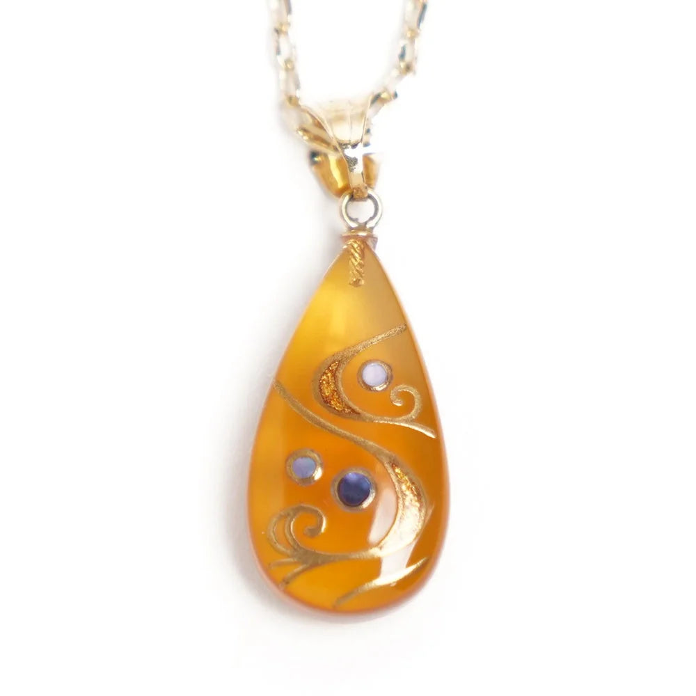 Handcrafted Japanese Maki-e Urushi Lacquer Pendant Necklace - White Tortoiseshell & Flowing Water Design, Traditional Asian Jewelry for Women | Perfect Gift for Special Occasions, Weddings & Cultural Events