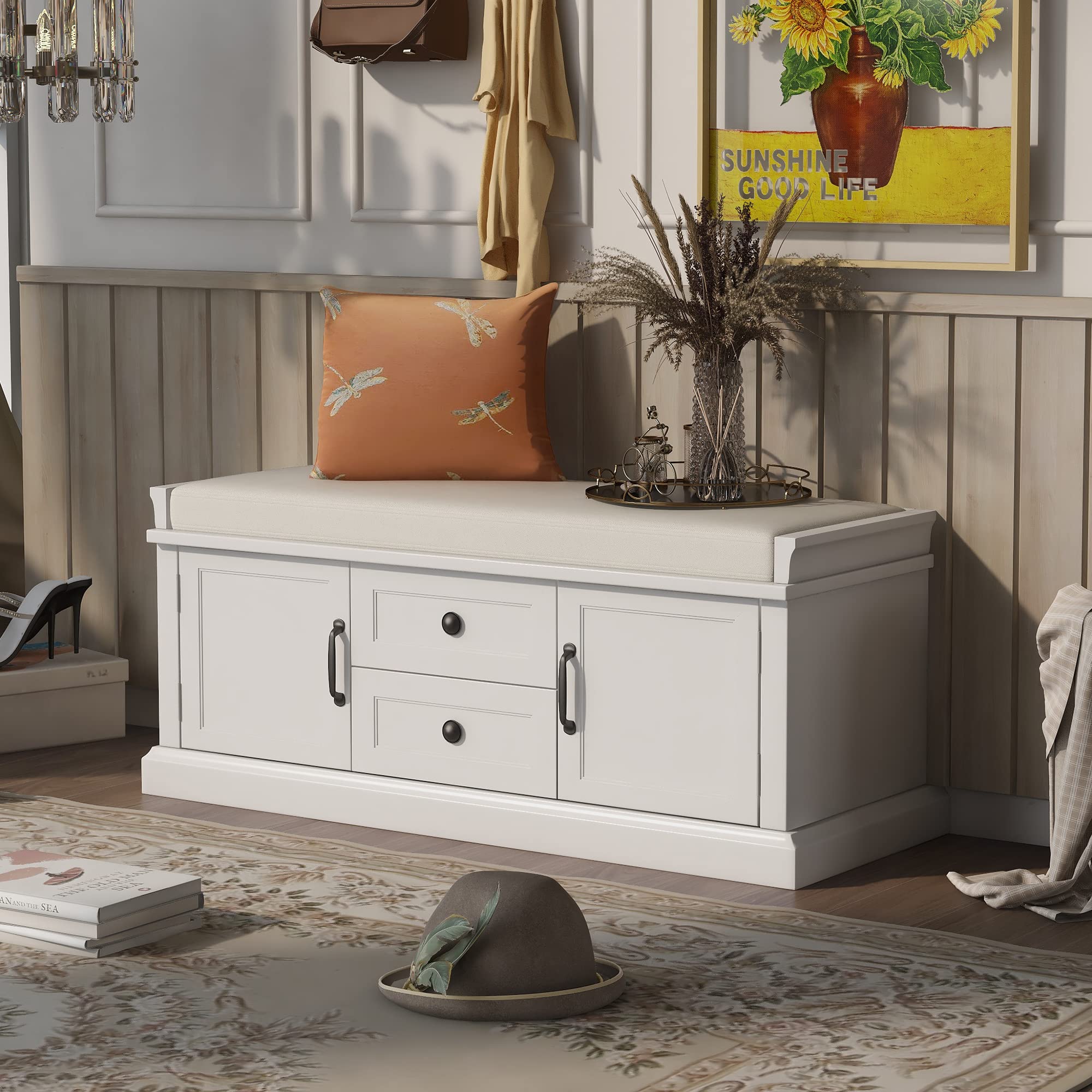 Rhomtree Shoe Storage Bench with Removable Cushion - Wooden Entryway Bench with 2 Drawers & 2 Cabinets - Comfortable Seat for Hallway, Bedroom or Living Room Organization (White)