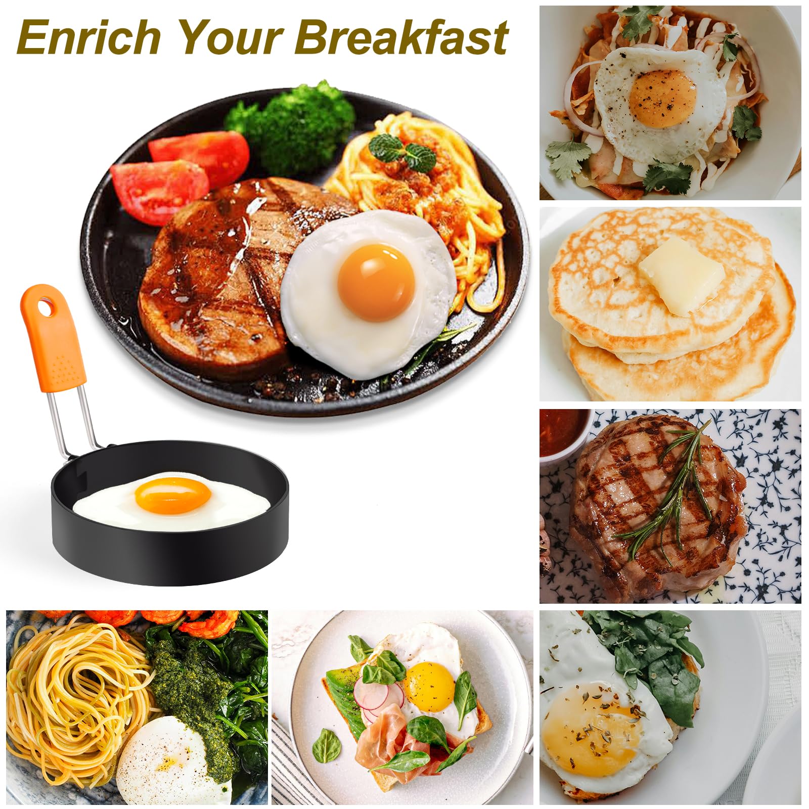 Stainless Steel Egg Rings with Silicone Handle - Nonstick Round Egg Cooking Molds (4Pcs 3.5