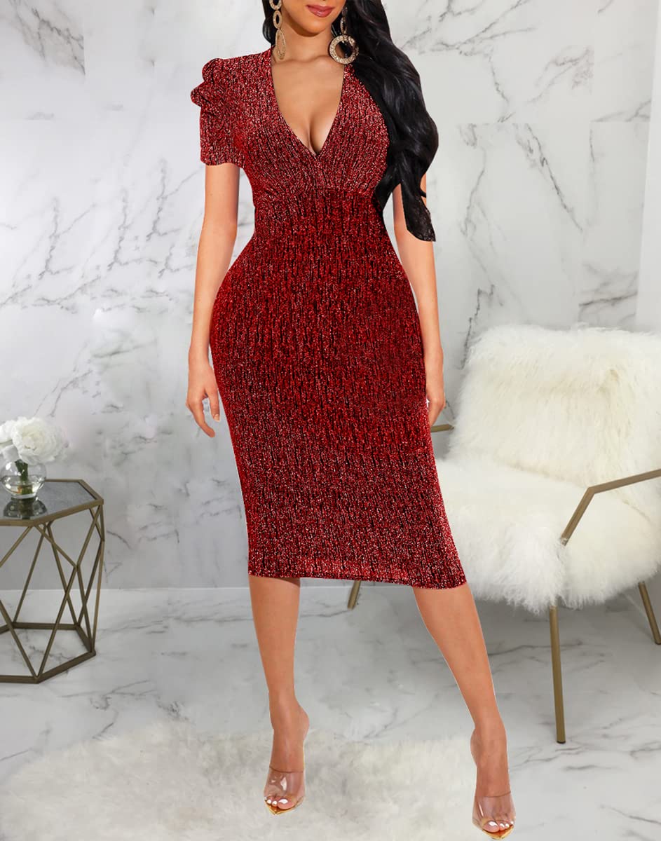 Sexy Sparkly Long Sleeve Bodycon Dress for Women - Deep V Neck Elegant Club Midi Dress for Party, Night Out & Special Occasions