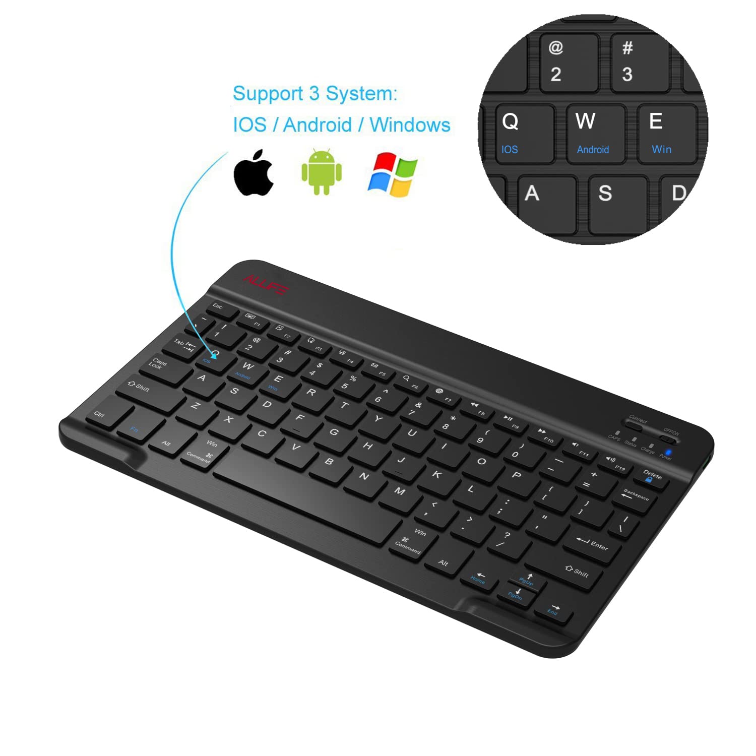 ALLIFE Universal Ultra Light Slim Portable Wireless Bluetooth 3.0 Keyboard - Compatible with iOS iPad, iPad Air, Pro, Mini, Android & Windows Tablets, PC, Smartphone - Includes Protective Case Stand - Perfect for Home Office, Travel & Remote Work