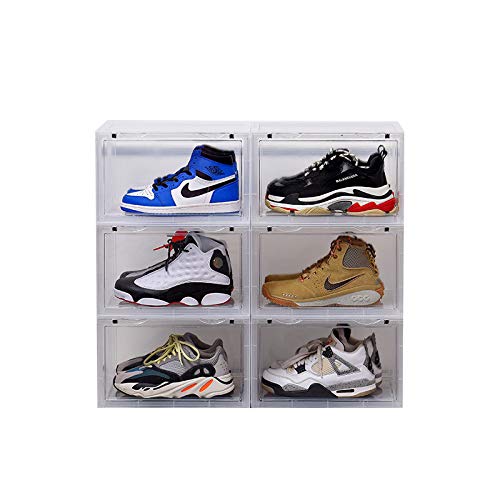 K.T.Z Magnetic Side Open Transparent Plastic Shoe Storage Box - Stackable, Foldable Sneaker Organizer (14.2x11x8.7 Inch, Clear, 6-Pack) - Perfect for Closet Organization, Shoe Display & Space Saving Storage