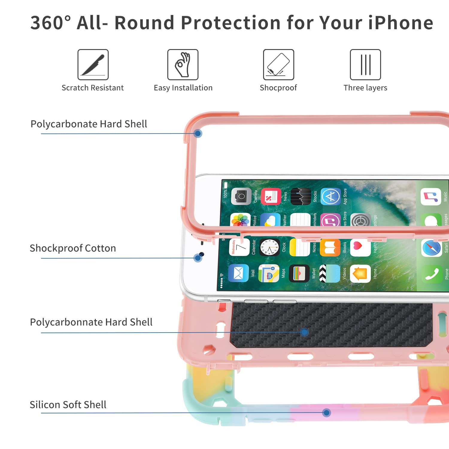 MARKILL Heavy-Duty Military Grade Shockproof Phone Case Compatible with iPhone SE 3/SE 2/6/6S/7/8 (4.7 Inch) - Built-in Ring Stand, Rainbow Pink Protective Cover for Kids & Girls - Perfect for Outdoor Activities, School & Daily Use