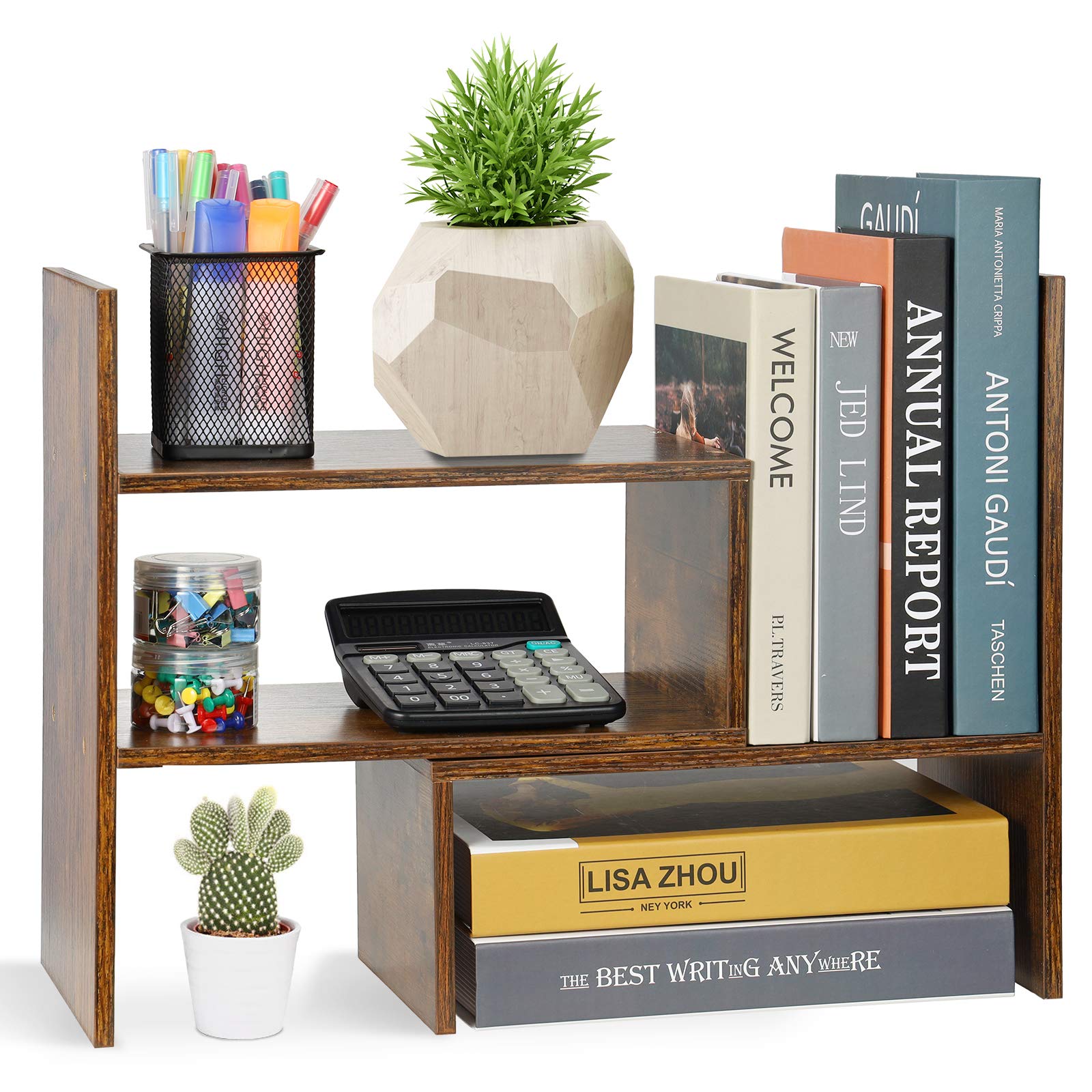 Expandable Wooden Desktop Bookshelf - Office Organizer with Storage Rack for Books, Files & Decor | Natural Wood Display Shelf for Home Office, Study & Workspace | Freestyle Stand Desk Organizer in Brown Finish