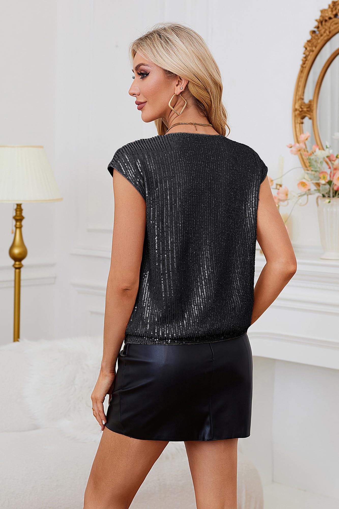 GRACE KARIN Women's V Neck Sequin Short Sleeve Sparkly Tank Top - Stretchy Elastic Party Top for Night Out, Club, Wedding & Special Occasions