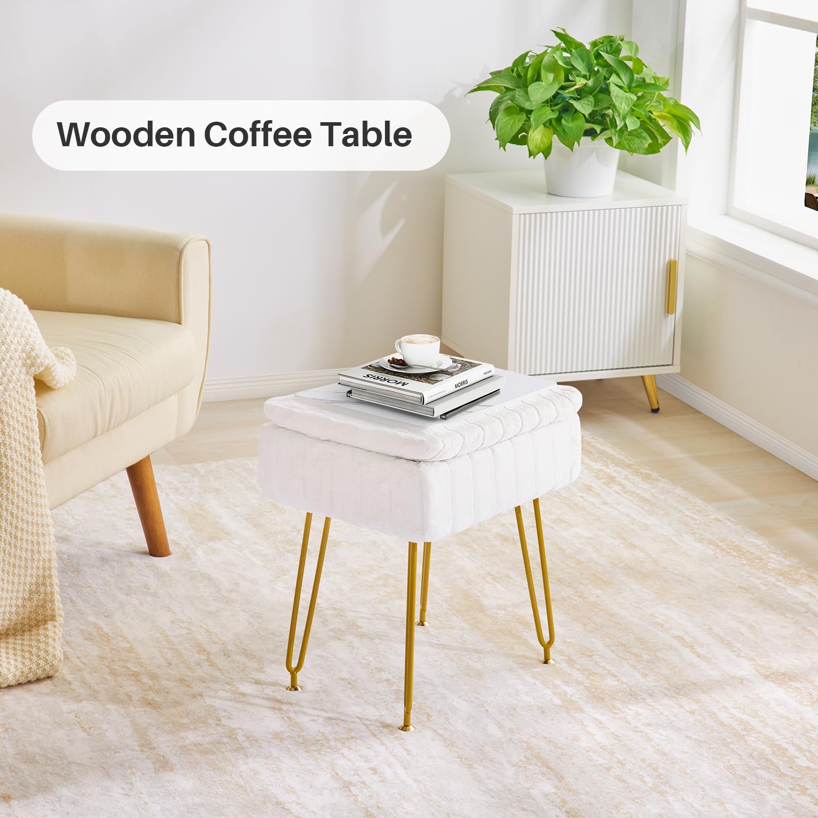 Redlife Vanity Stool with Storage - Faux Fur Makeup Chair with Gold Metal Legs, Multifunctional Footrest Ottoman for Bedroom, Dressing Room & Beauty Salon (White) - Perfect for Makeup, Reading & Relaxing