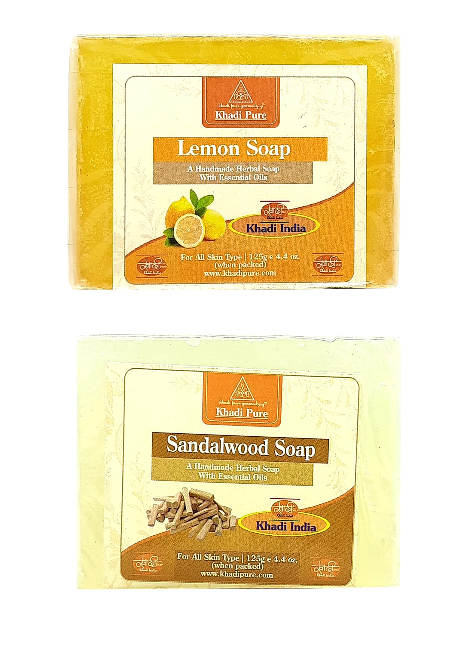 Khadi Pure Herbal Lemon & Sandalwood Soap (125g) Pack of 2 - Natural Ayurvedic Face & Body Cleanser for Glowing Skin - Perfect for Daily Skincare Routine & Spa Treatments