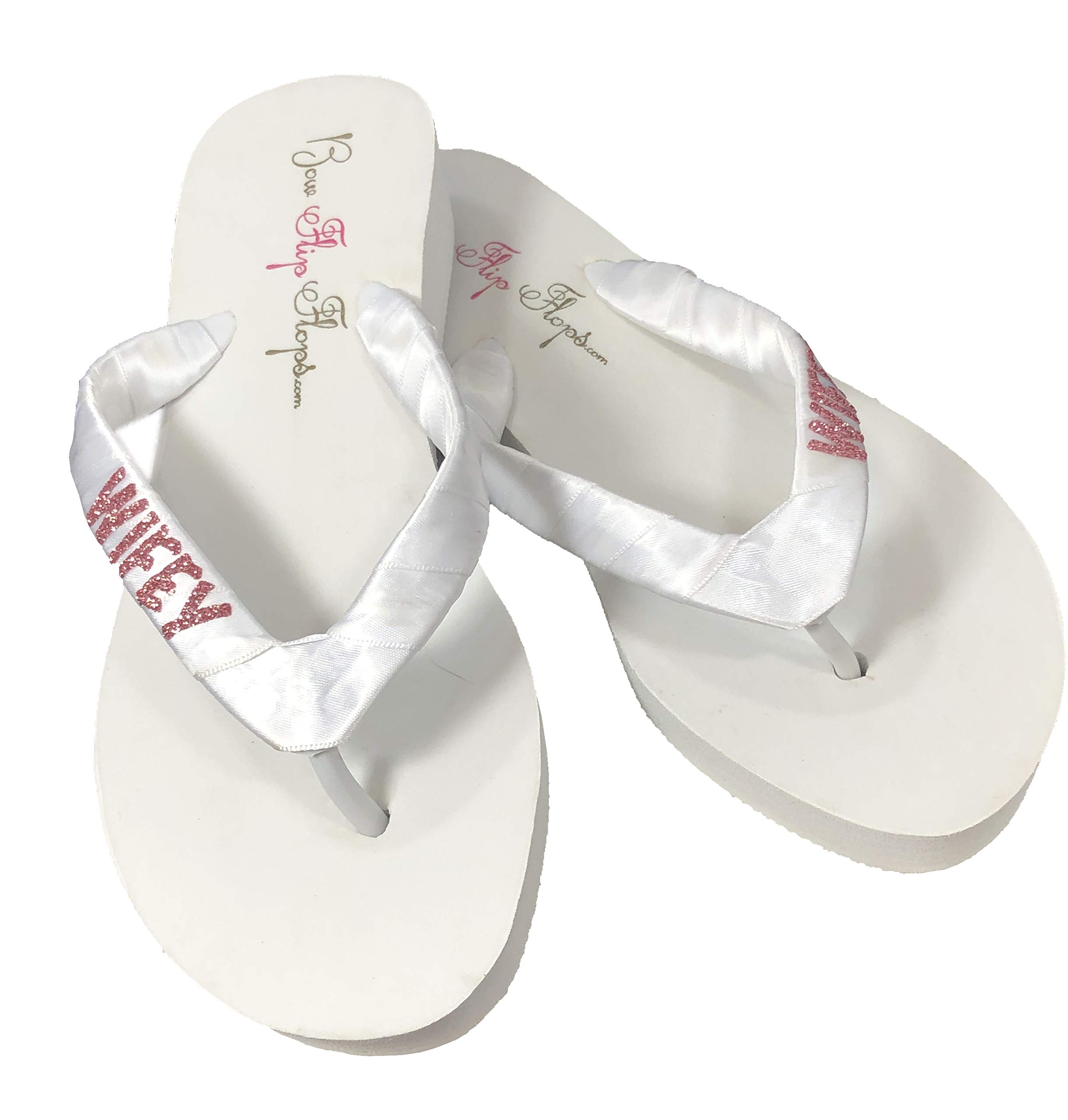 Women's White Wedding Flip Flops with Rose Gold Pink Glitter - Comfortable Bridal Shower, Bachelorette Party & Beach Wedding Shoes