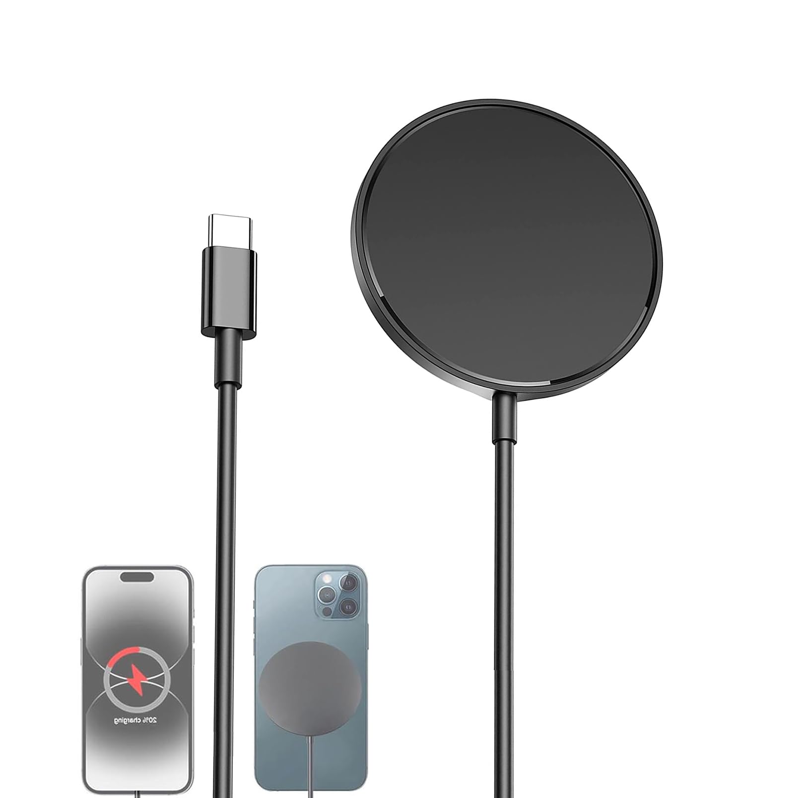 2024 MFi Certified 15W Magnetic Wireless Fast Charger with USB-C PD - Compatible with iPhone 15/15 Pro/15 Pro Max/14/13/12/11/X/XS & AirPods Pro 2 - Fast Wireless Charging for Home, Office & Travel - Black