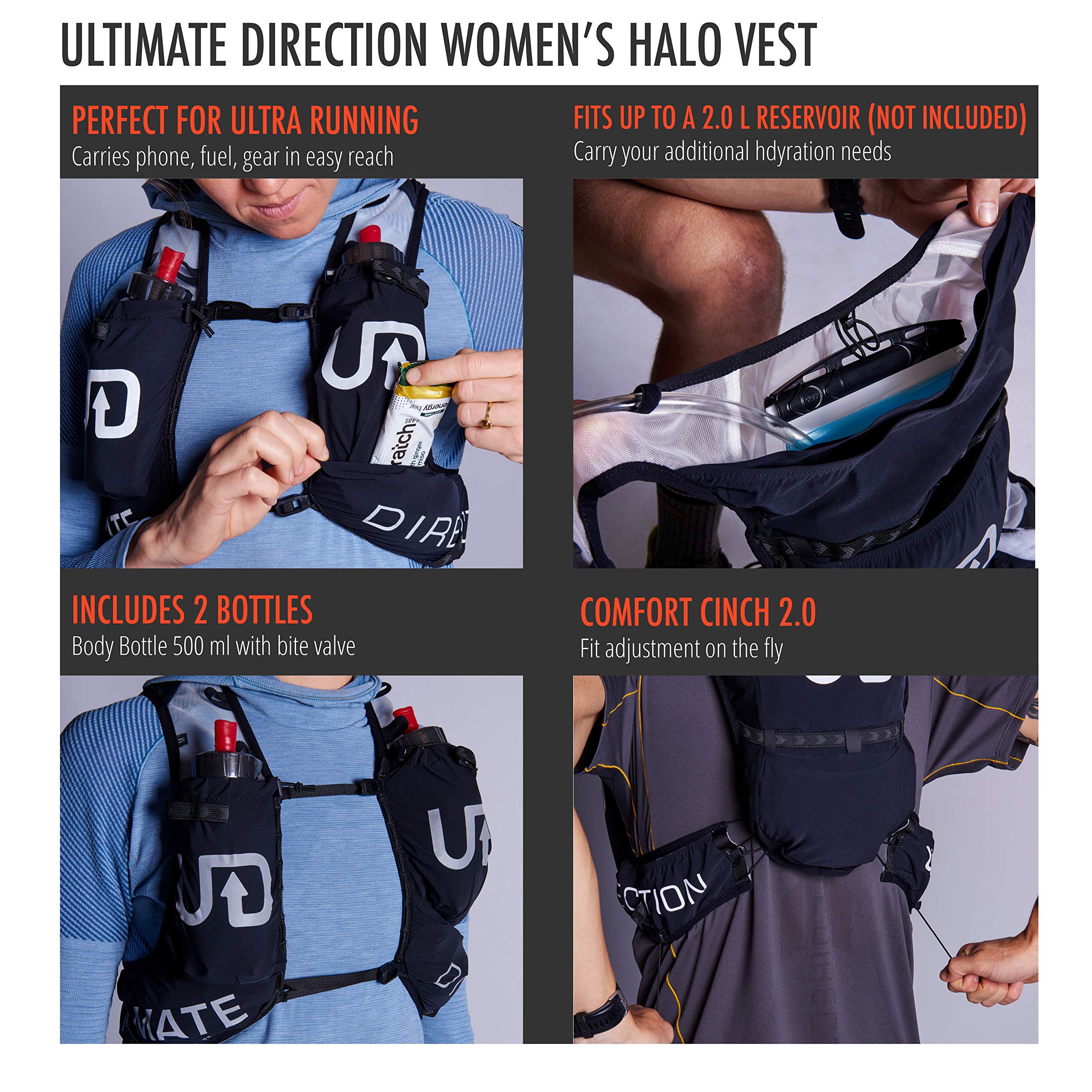 Ultimate Direction Women's Halo Ultra Running Vest Hydration Pack - Large Size, Black - Perfect for Trail Running, Hiking & Outdoor Adventures