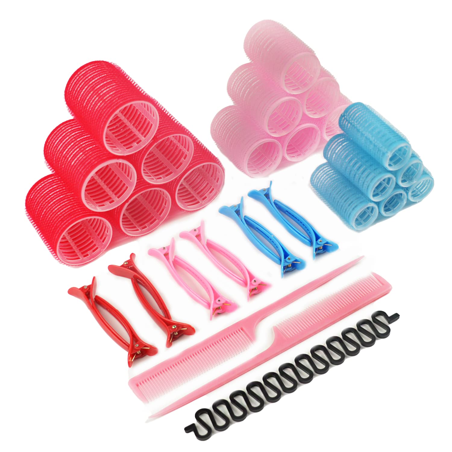 Faim Beauty 33 Pcs Hair Rollers Set with Clips - 18 Velcro Rollers (48mm, 36mm, 25mm) for Volume, 12 Hair Clips, 2 Combs & 1 Braid Tool - Perfect for Short Hair Styling at Home or Salon