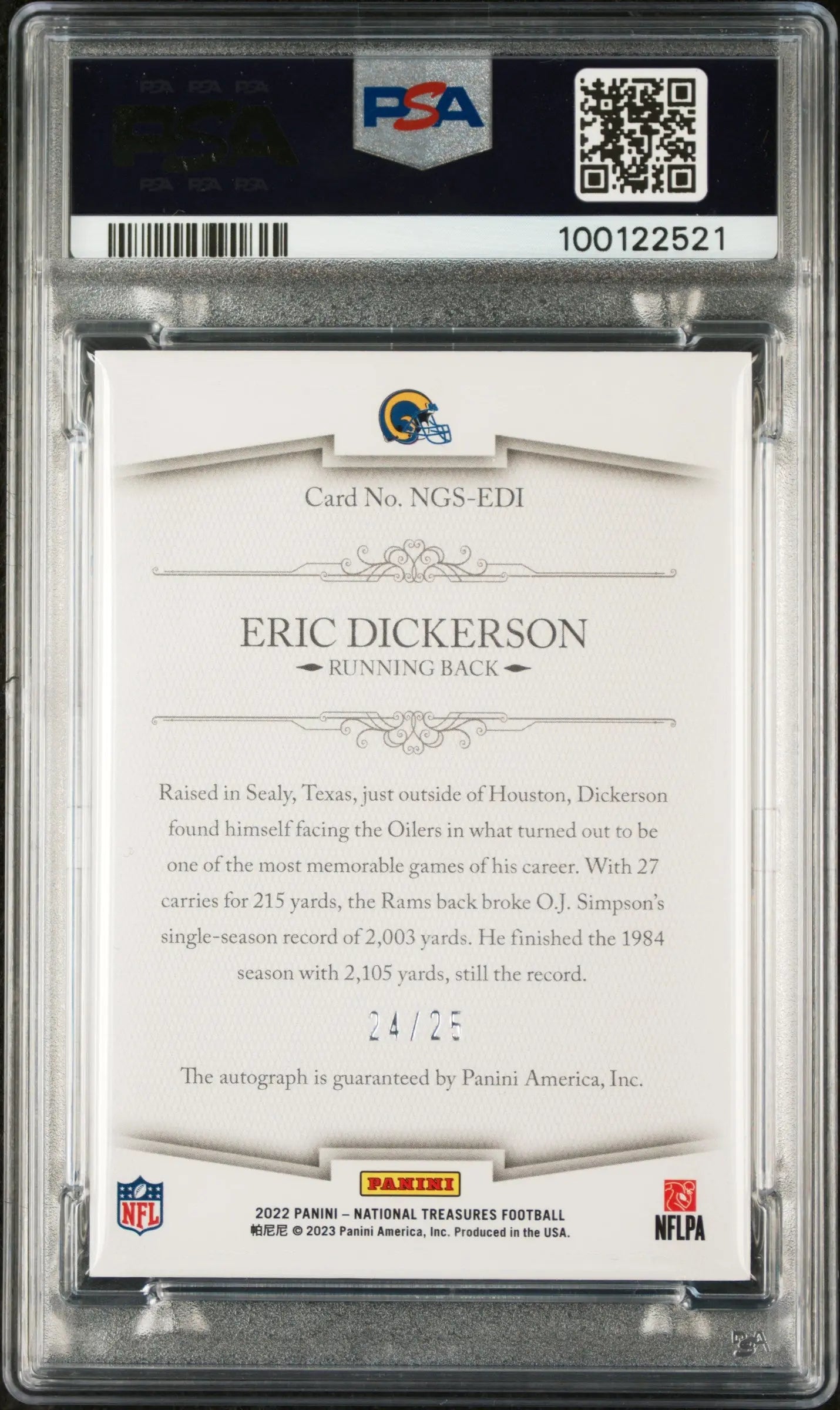 2022 National Treasures NFL Greatest Signatures Auto Eric Dickerson PSA 10 /25 - Rare Football Trading Card for Collectors & Sports Memorabilia Enthusiasts - Perfect for Display, Investment & Gifting
