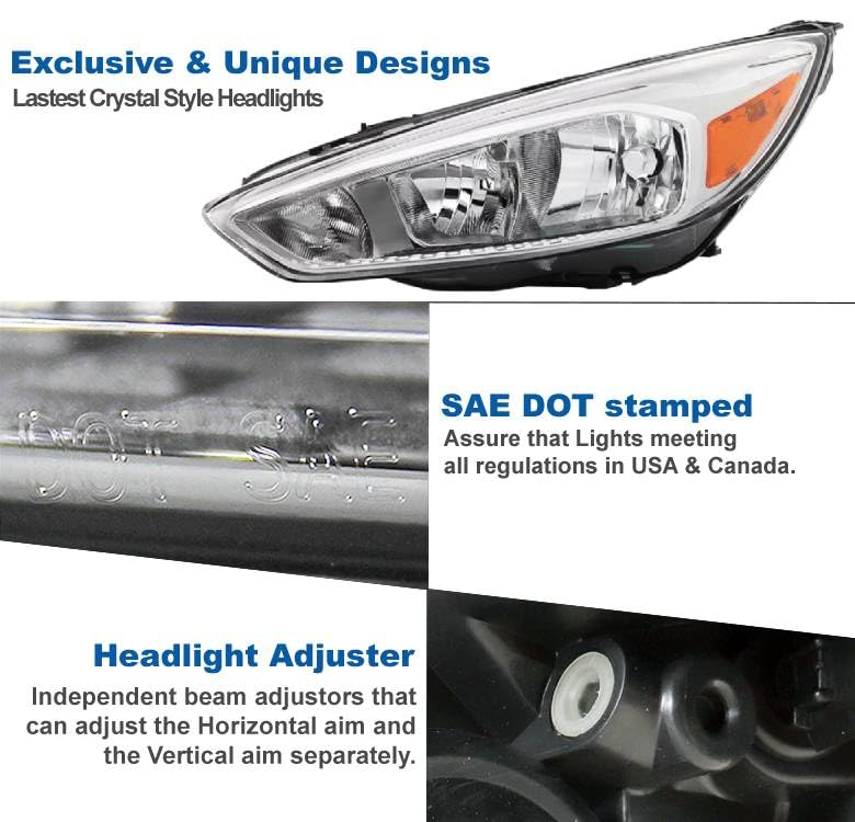 Replacement Chrome Headlights for 2015-2018 Ford Focus S/SE/ST - Durable LED Headlamps with Clear Lens - Perfect for Night Driving & Car Upgrades