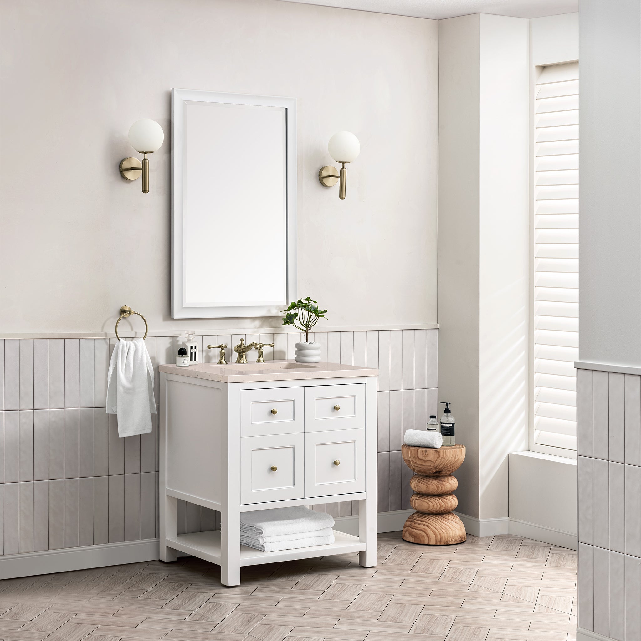 Breckenridge 30 Inch Single Bathroom Vanity Set with Bright White Finish & 3CM Eternal Marfil Stone Top - Perfect for Modern Master Bathrooms and Guest Bath Remodels