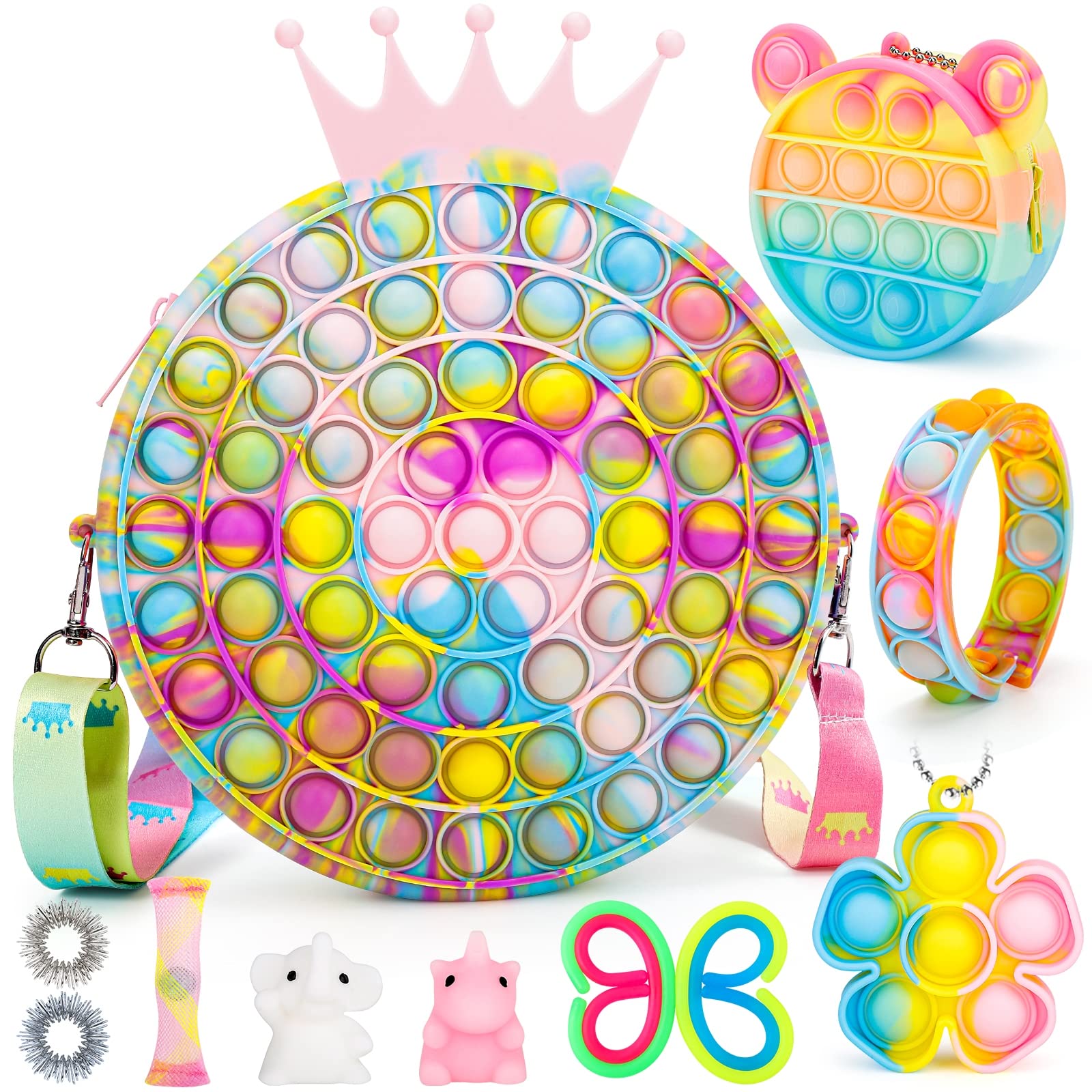 iTechjoy Pop Fidget Toy Pack - Push Bubble Rainbow Sensory Toys for Stress Relief, Autism & Anxiety - Includes Shoulder Bag & Wristband - Perfect Gift for Girls & Women - Great for Home, Office, Travel & Classroom Use